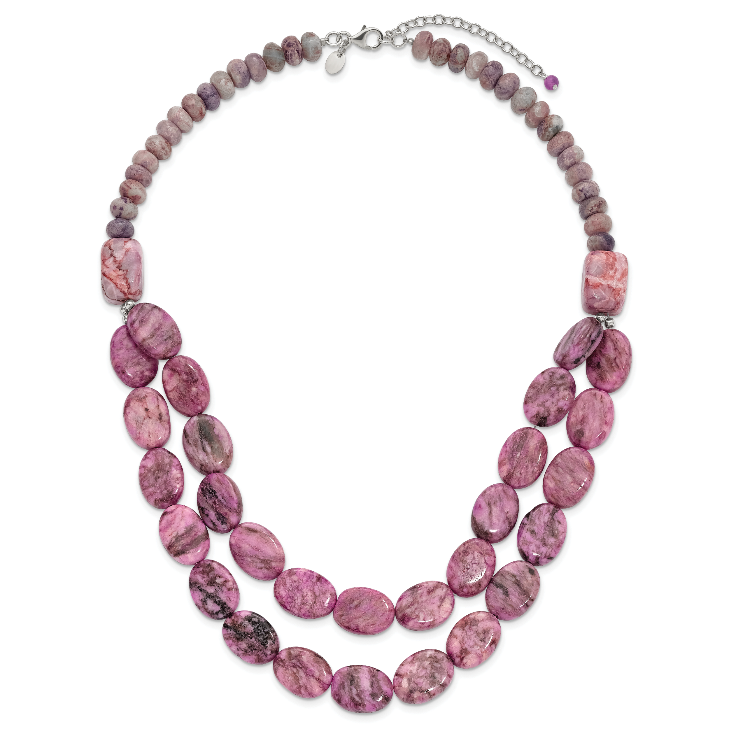 Sterling Silver Charoite, Jade, Pink and Purple Jasper With 2in ext Necklace