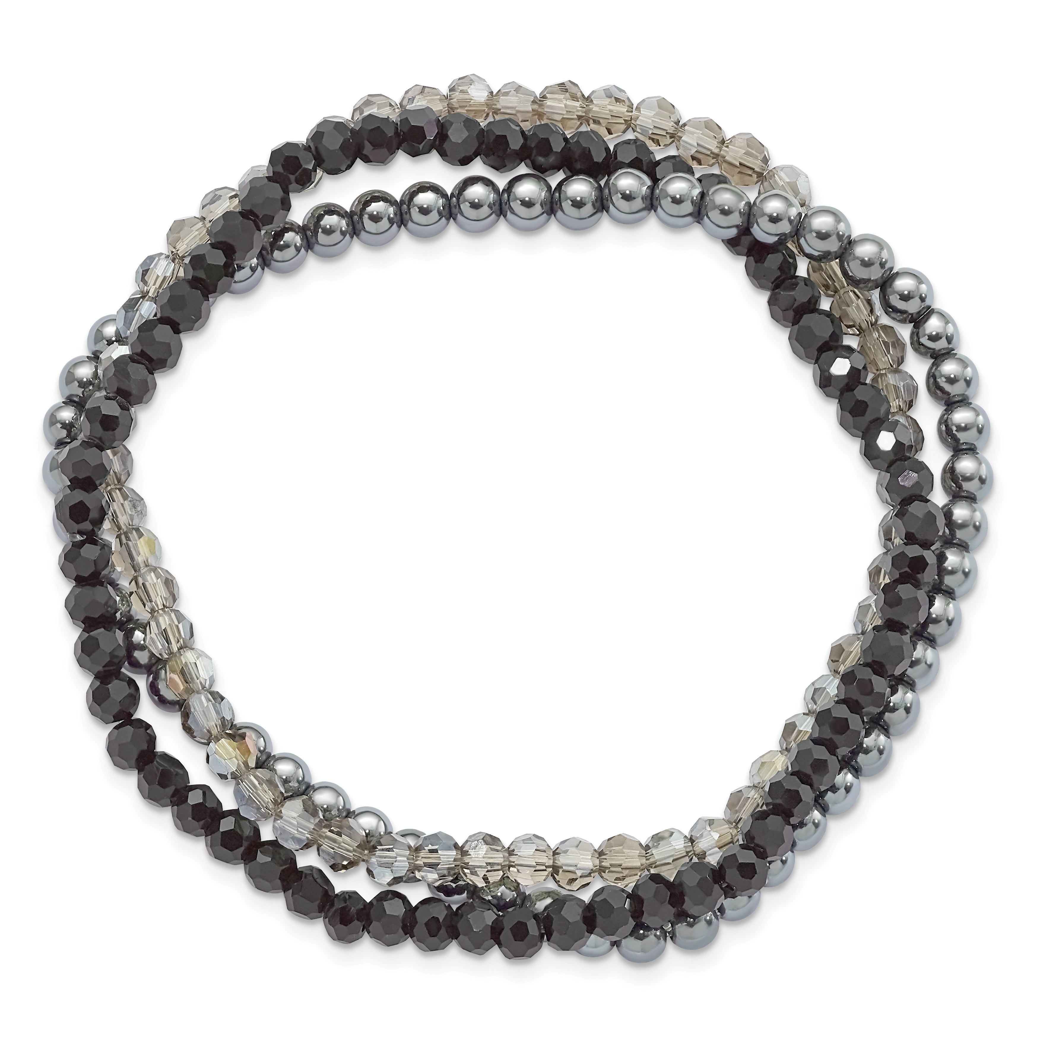 Sterling Silver Black and Smoky Crystal, Hematite 3pce Stretch Bracelet Secondary image