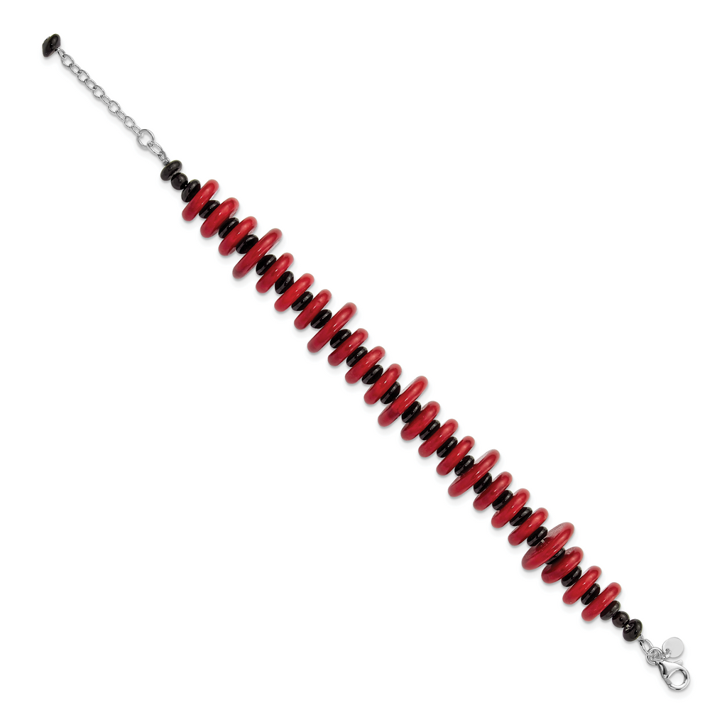Sterling Silver Agate & Red Reconstructed Magnesite With 1in ext Bracelet