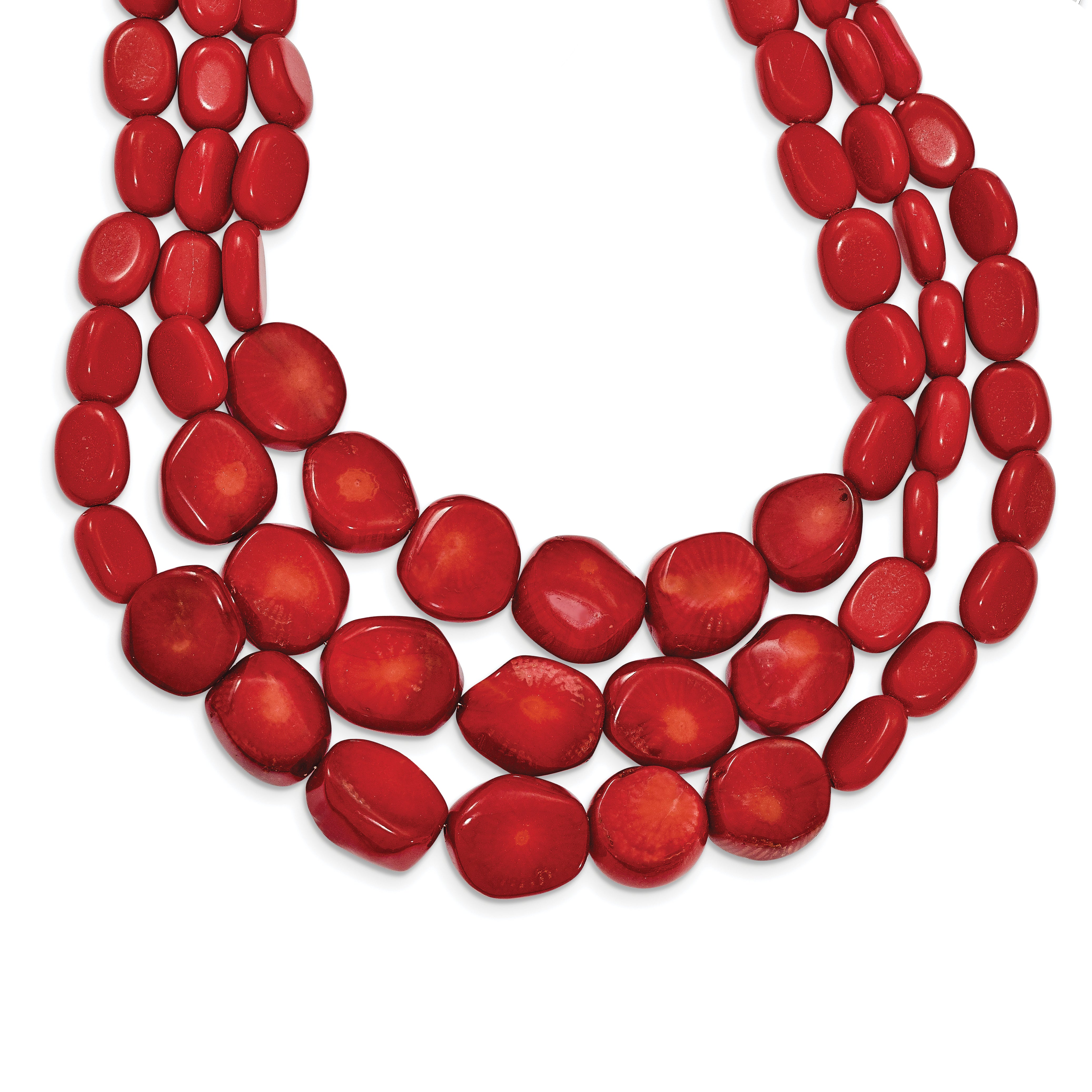 Sterling Silver Triple Strand Red Coral 16 inch Necklace with 2 inch extension Main image