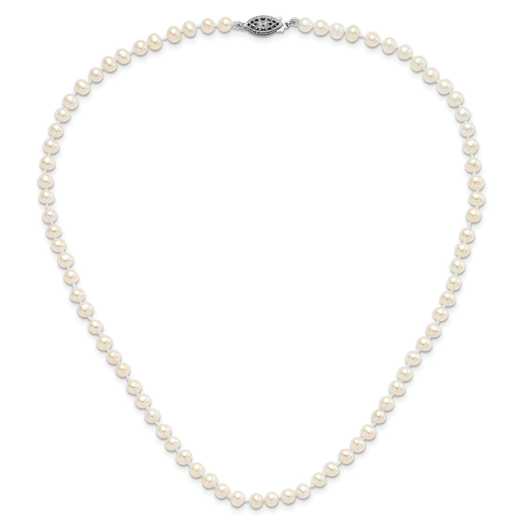 Sterling Silver Rhodium-plated 4-5mm White Near-Round Freshwater Cultured Pearl Necklace
