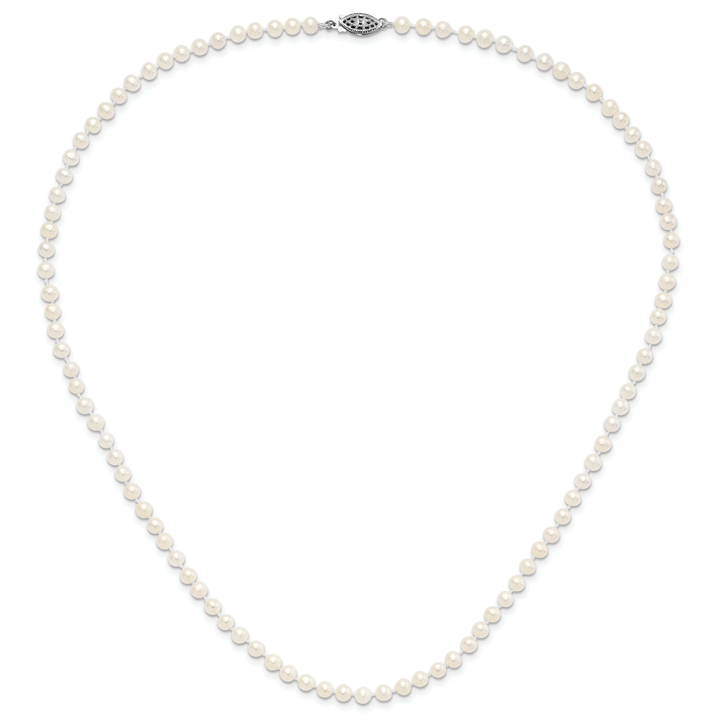 Sterling Silver Rhodium-plated 4-5mm White Near-Round Freshwater Cultured Pearl 28 inch Necklace