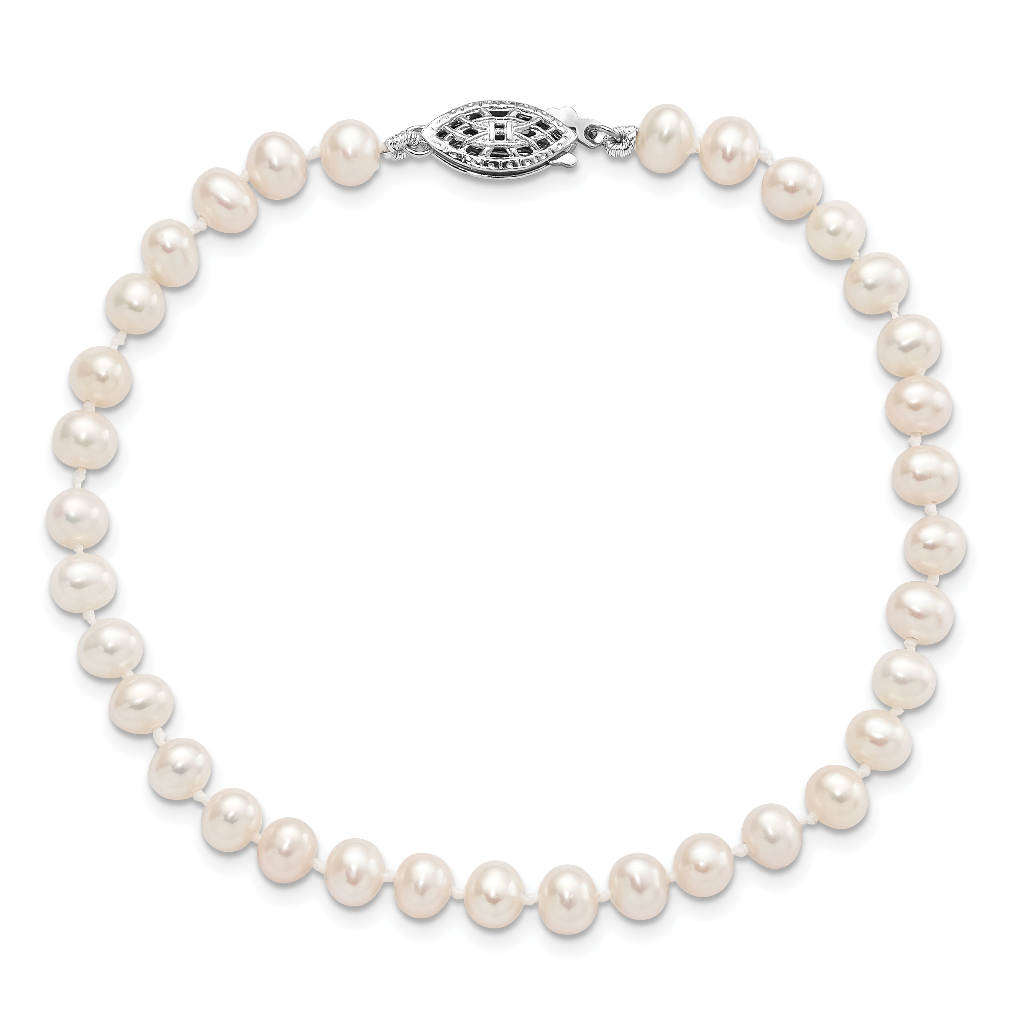 Sterling Silver Rhodium-plated 4-5mm White Near Round Freshwater Cultured Pearl 8.25 inch Bracelet