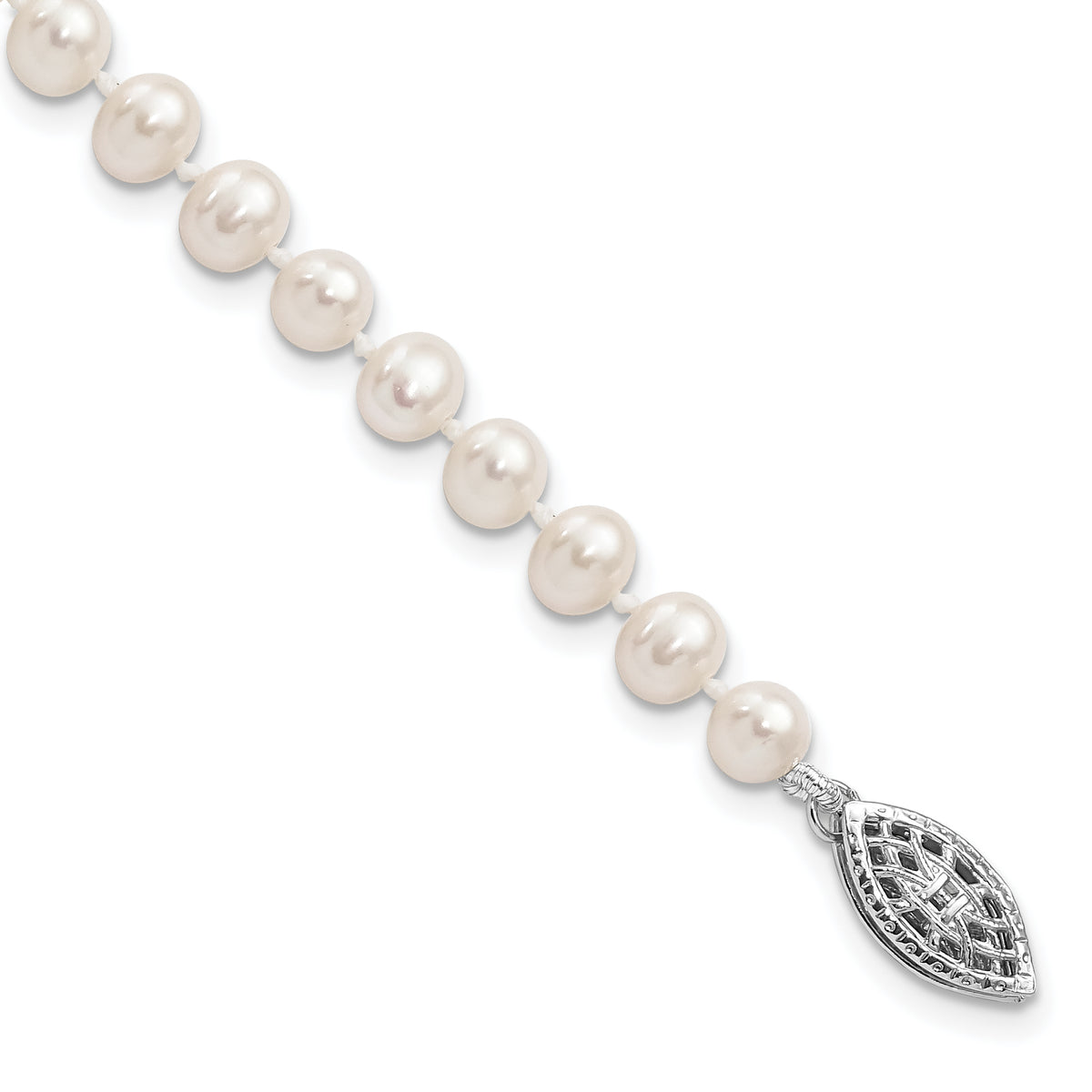 Sterling Silver Rhodium-plated 4-5mm White Near-Round Freshwater Cultured Pearl 7.25 inch Bracelet