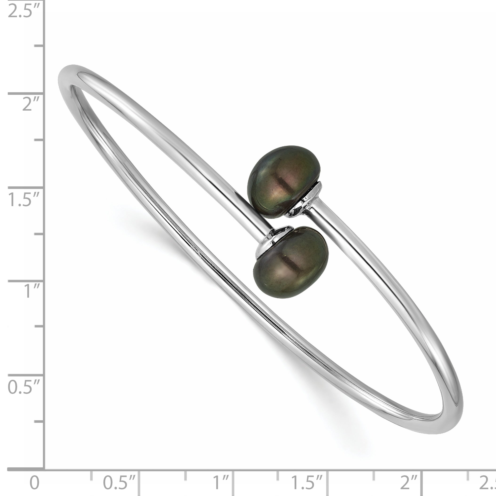 Sterling Silver Rhodium-plated 9-10mm Black Button Freshwater Cultured Pearl Flexible Bangle