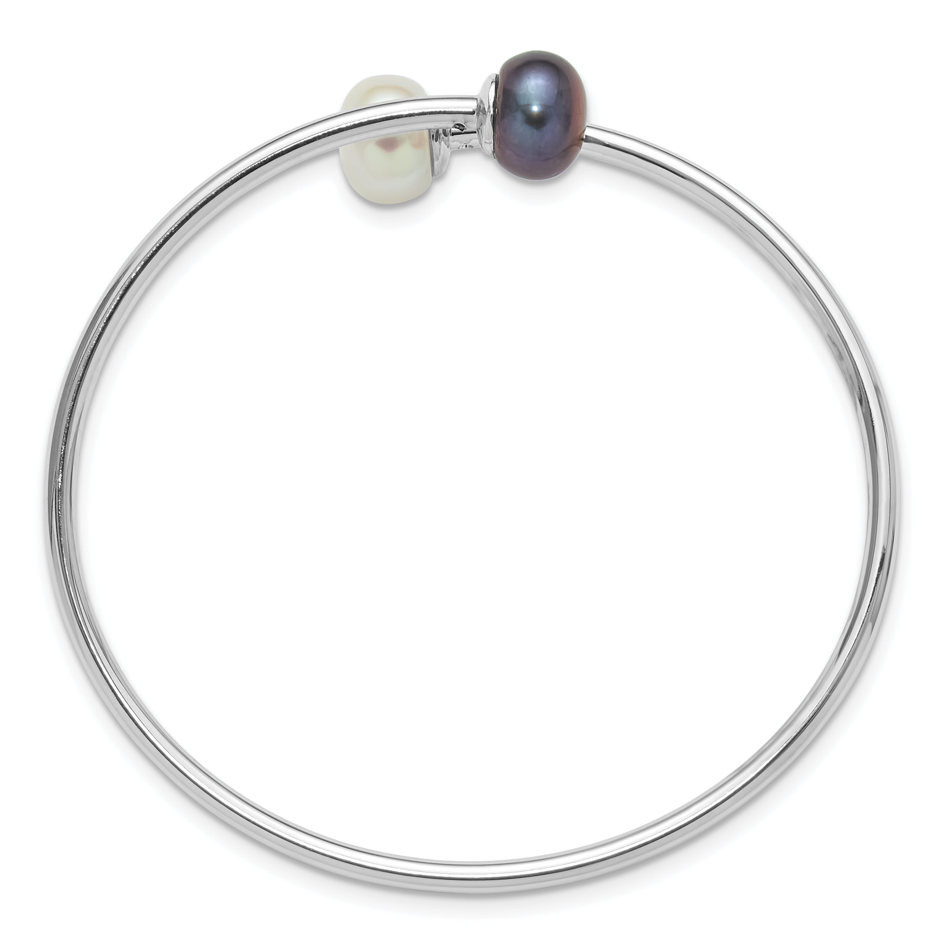 Sterling Silver Rhodium-plated 9-10mm Black and White Freshwater Cultured Pearl Flexible Cuff Bangle Secondary image