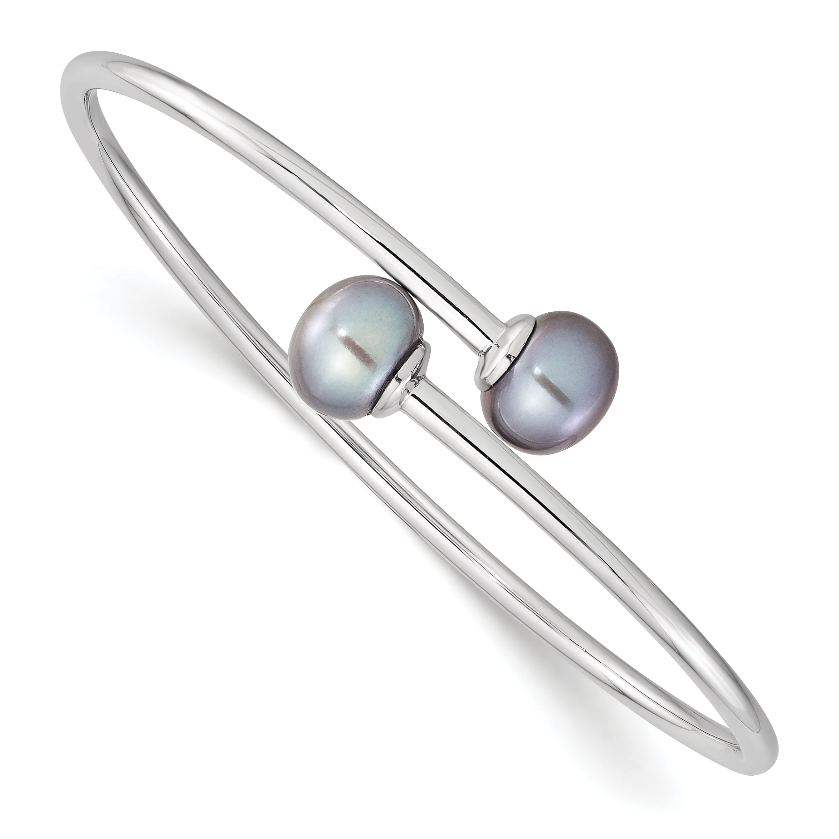 Sterling Silver Rhodium-plated 9-10mm Grey Button Freshwater Cultured Pearl Flexible Cuff Bangle Main image