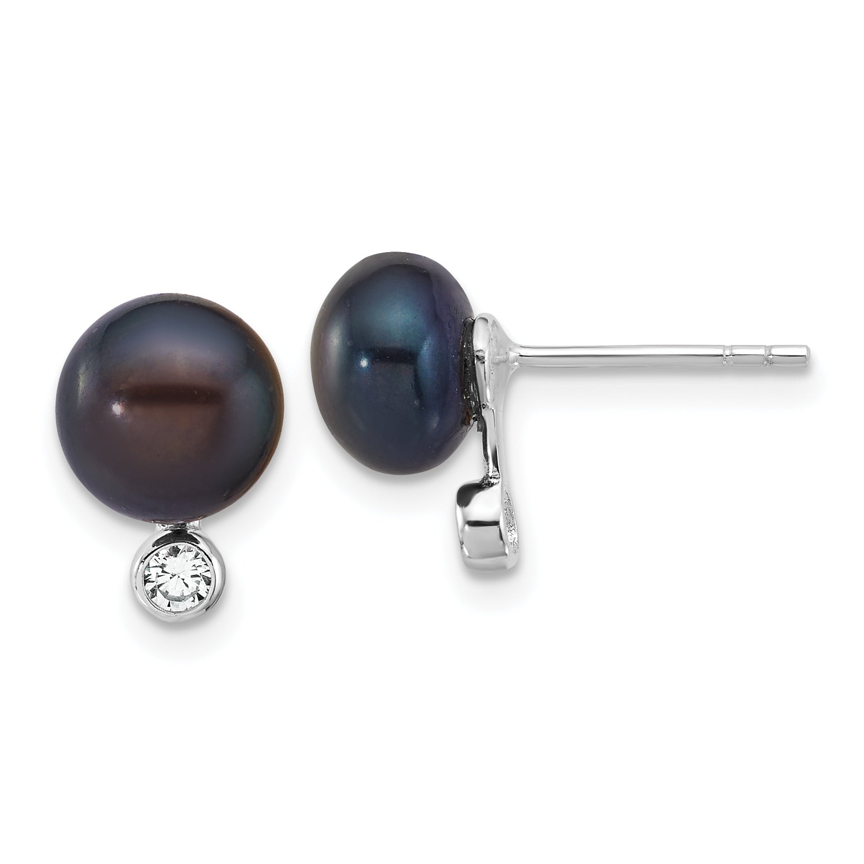 Sterling Silver Rhodium-plated 8-9mm Black Button Freshwater Cultured Pearl and CZ 17 inch Necklace and Post Earrings Set Secondary image
