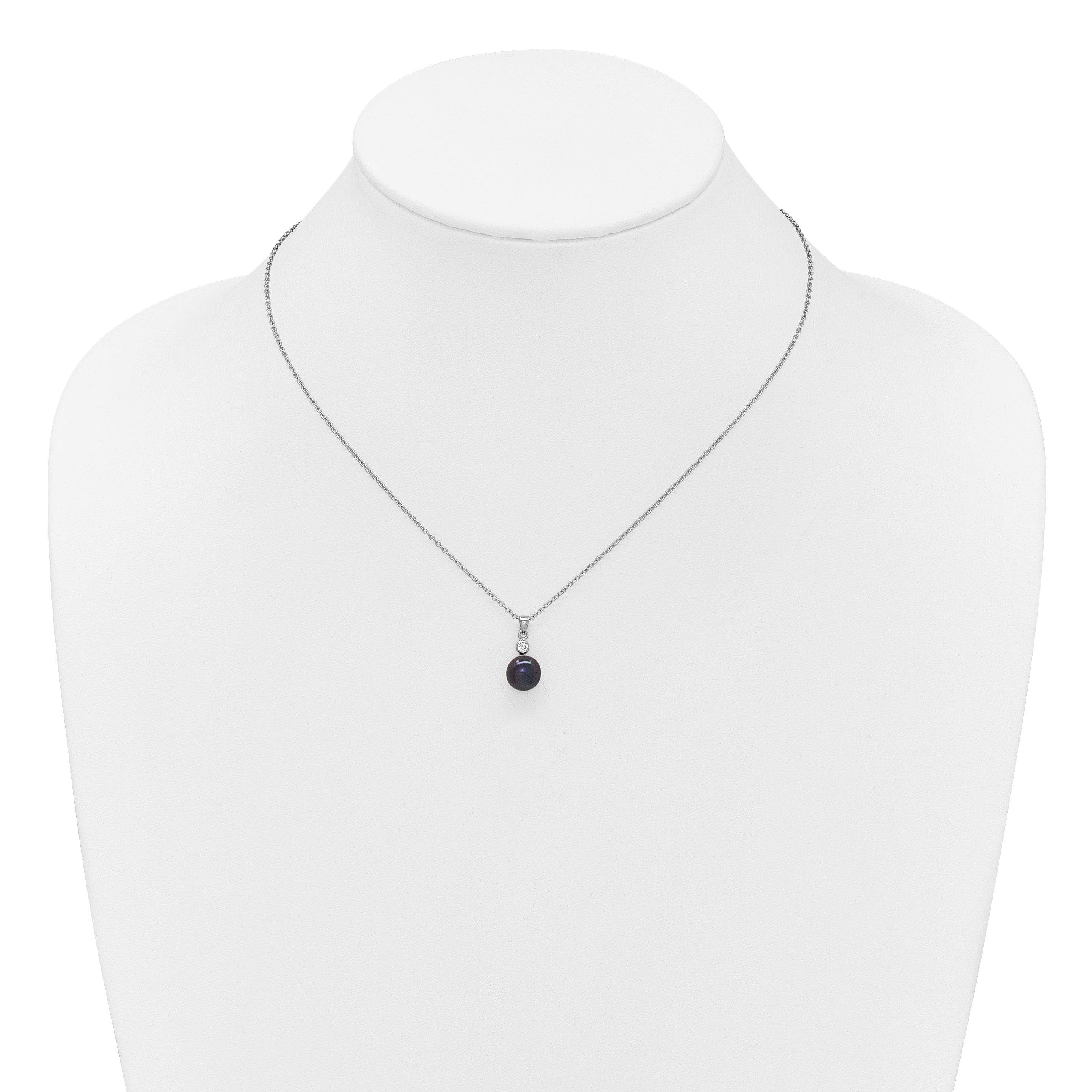 Sterling Silver Rhodium-plated 8-9mm Black Button Freshwater Cultured Pearl and CZ 17 inch Necklace and Post Earrings Set