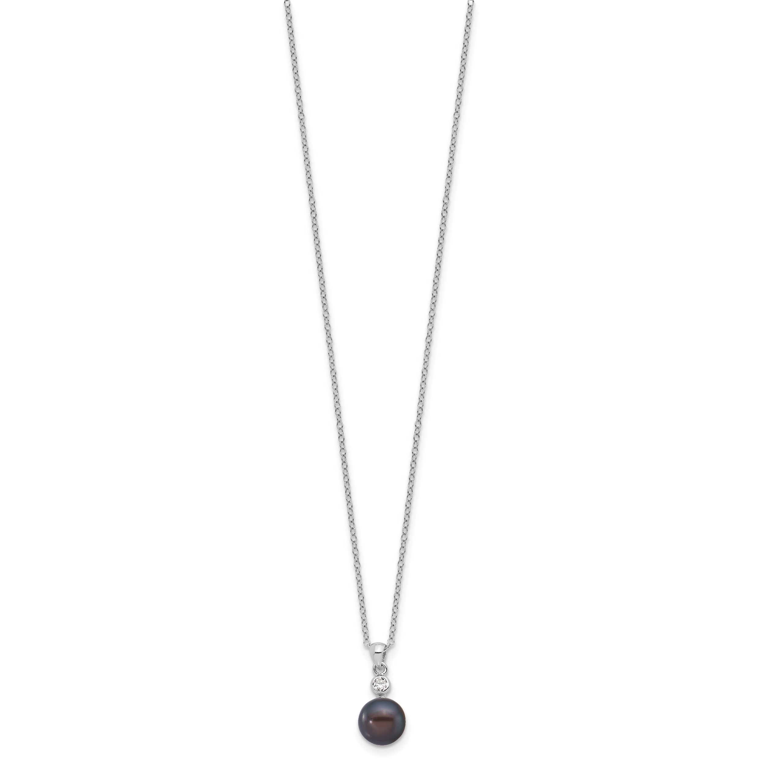 Sterling Silver Rhodium-plated 8-9mm Black Button Freshwater Cultured Pearl and CZ 17 inch Necklace and Post Earrings Set