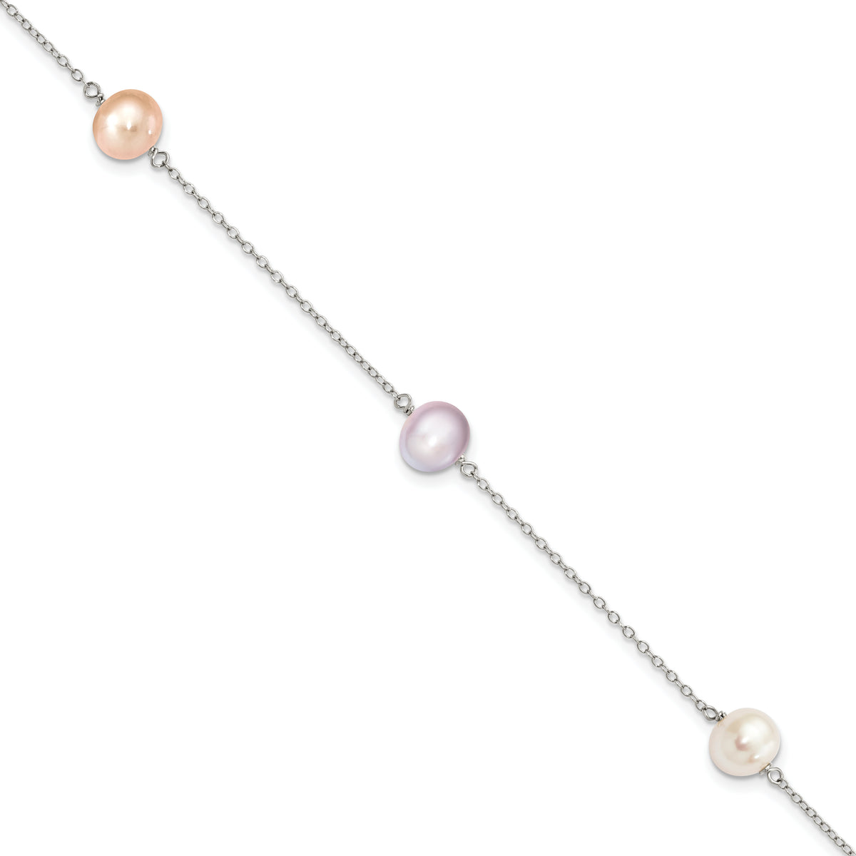 Sterling Silver Rhodium-Rhodium-Plated 7-8mm White, Pink and Purple Semi-Round Freshwater Cultured Pearl 3-Station 7.5 inch Bracelet
