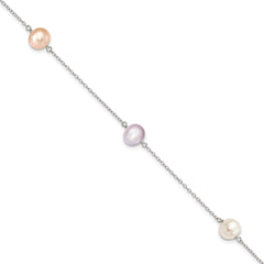 Sterling Silver Rhodium-Rhodium-Plated 7-8mm White, Pink and Purple Semi-Round Freshwater Cultured Pearl 3-Station 7.5 inch Bracelet