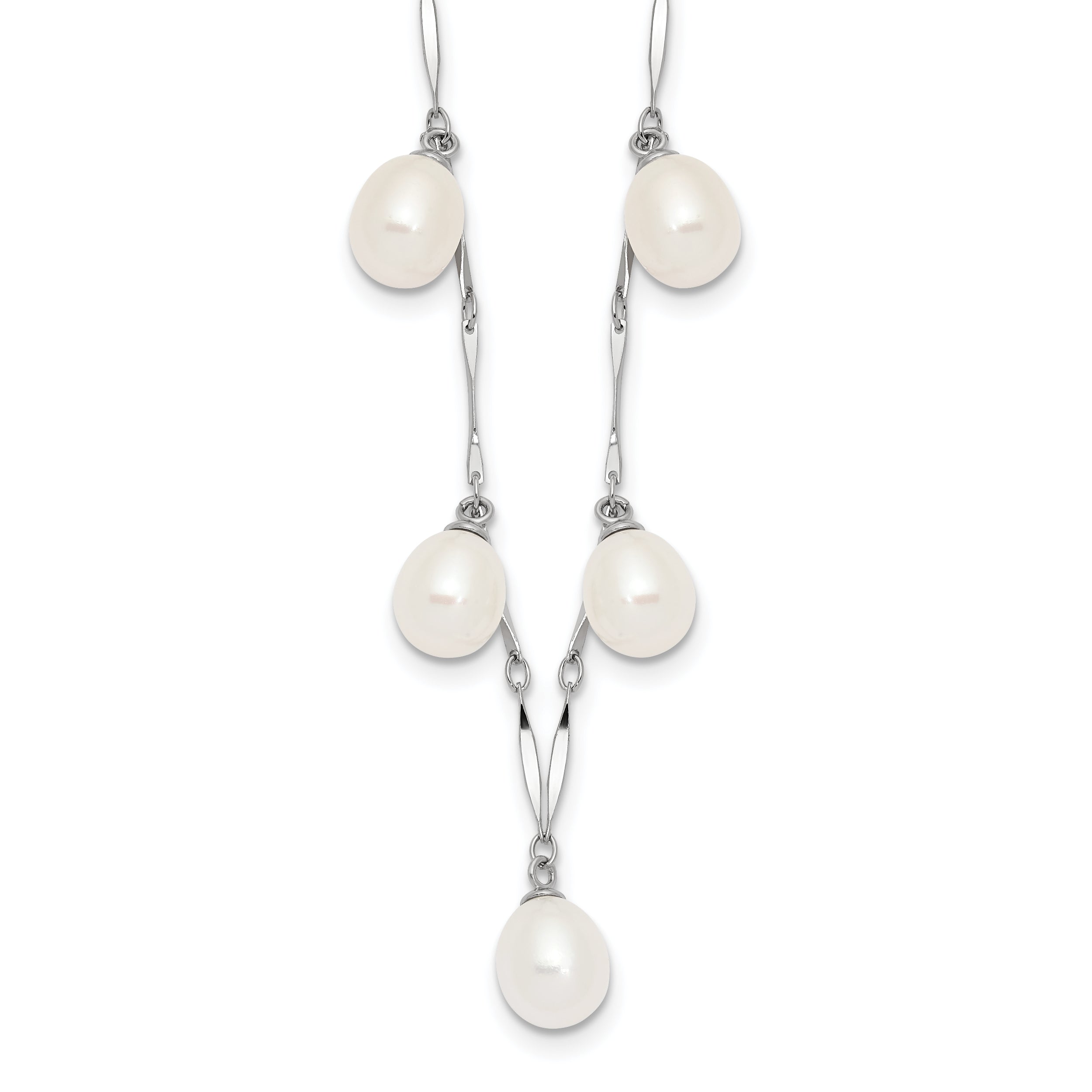 Sterling Silver Rhodium-Rhodium-Plated 7-8mm White Teardrop Freshwater Cultured Pearl 7-Station 17.5 inch Necklace