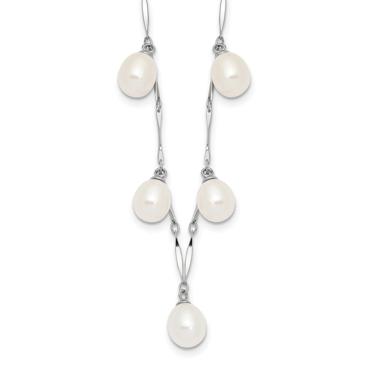 Sterling Silver Rhodium-Rhodium-Plated 7-8mm White Teardrop Freshwater Cultured Pearl 7-Station 17.5 inch Necklace