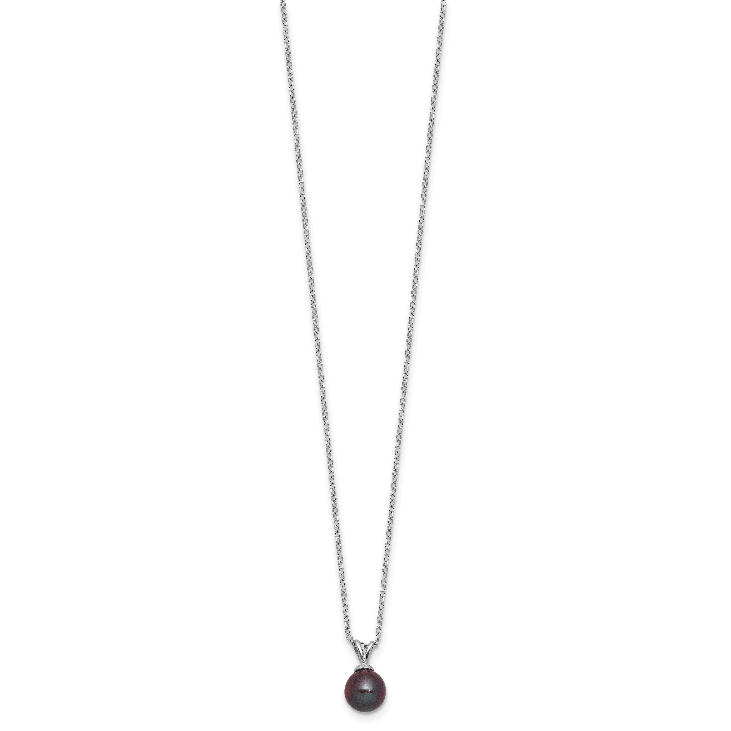 Sterling Silver Rhodium-plated 7-7.5mm Round Black Freshwater Cultured Pearl 17 inch Necklace