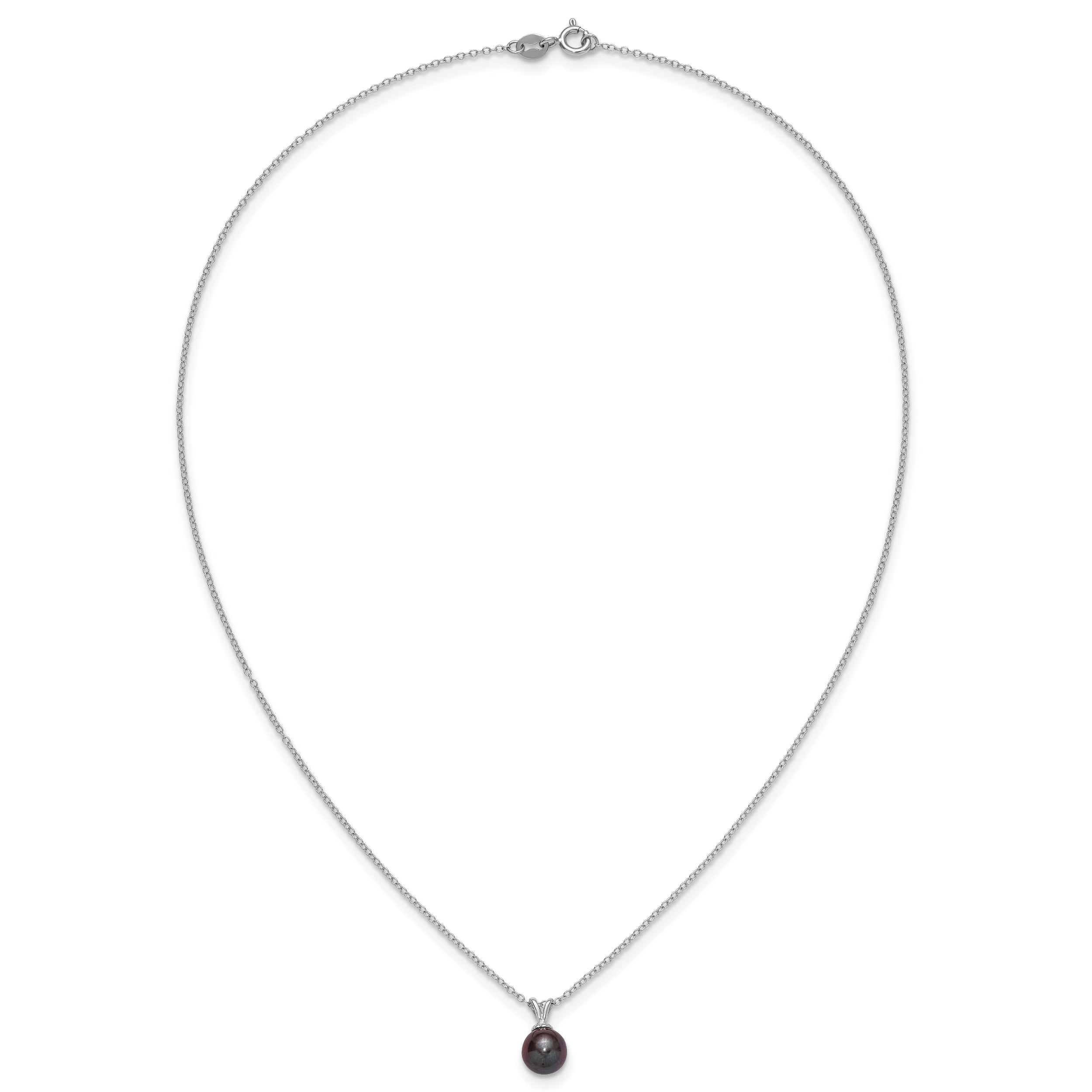 Sterling Silver Rhodium-plated 7-7.5mm Round Black Freshwater Cultured Pearl 17 inch Necklace