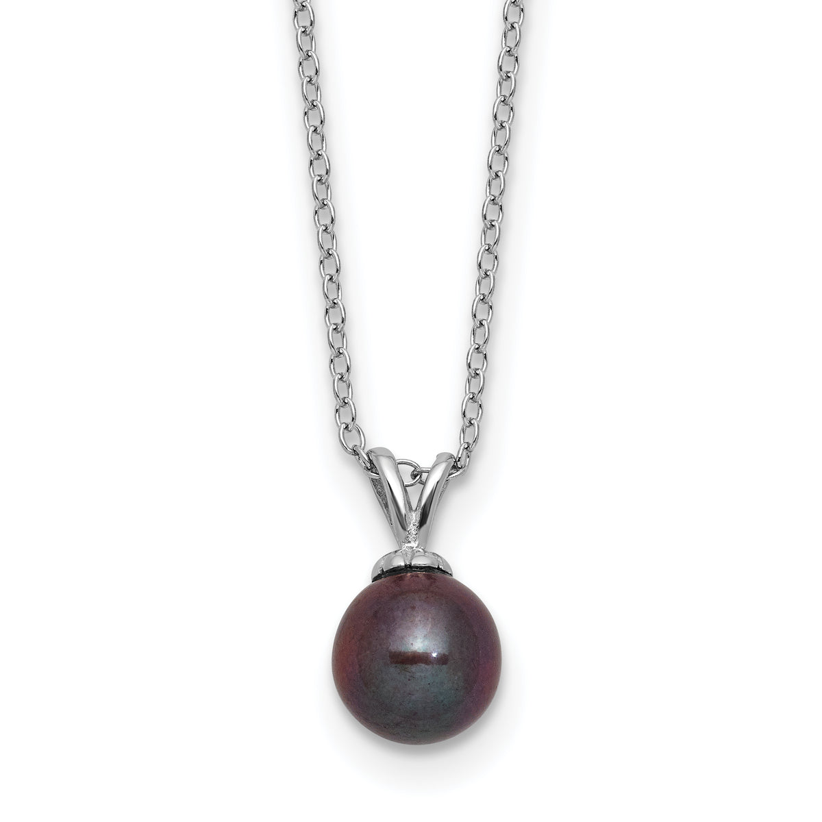 Sterling Silver Rhodium-plated 7-7.5mm Round Black Freshwater Cultured Pearl 17 inch Necklace