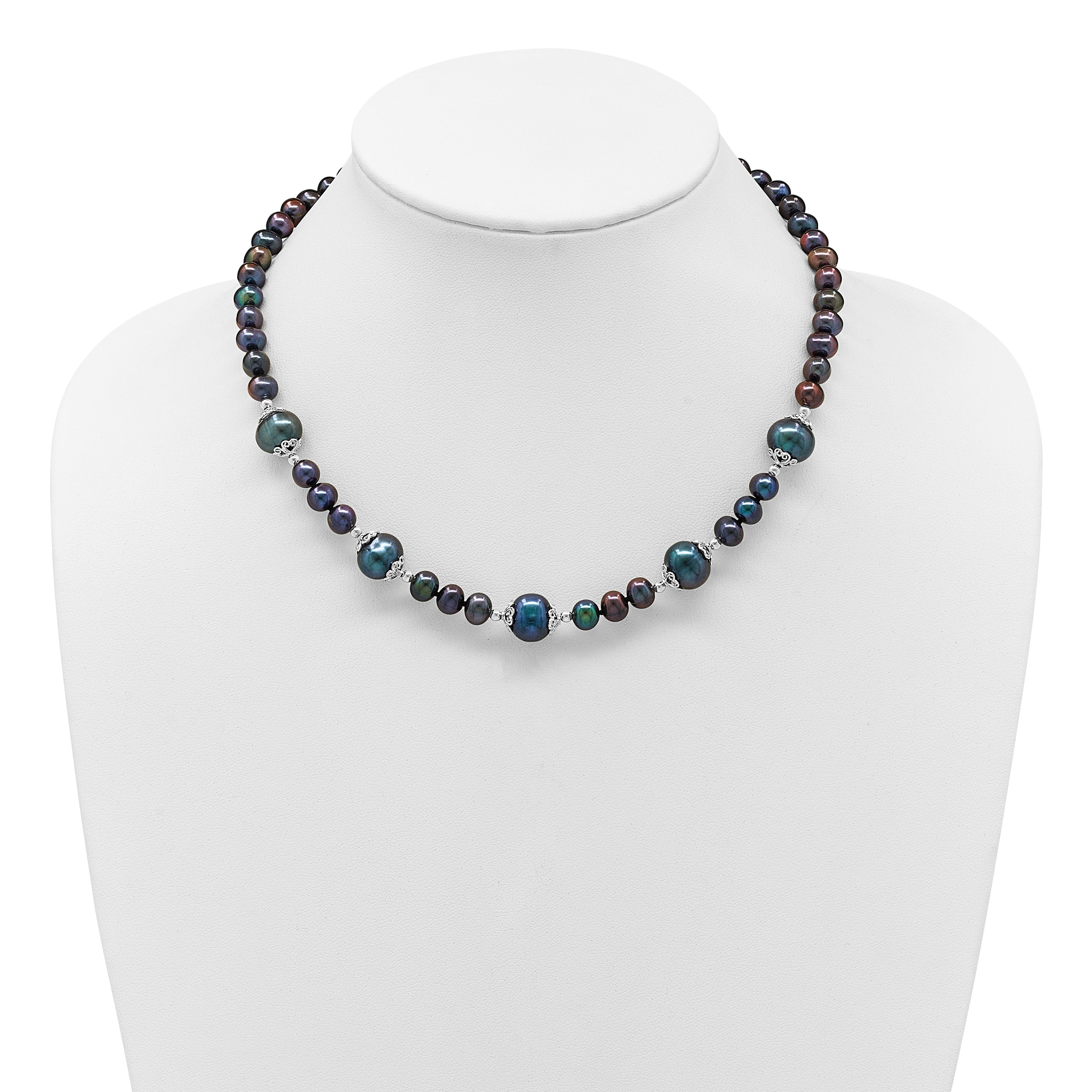 Sterling Silver Rhodium-plated 6-9mm Black Near Round Freshwater Cultured Pearl 5-station 18 inch Necklace