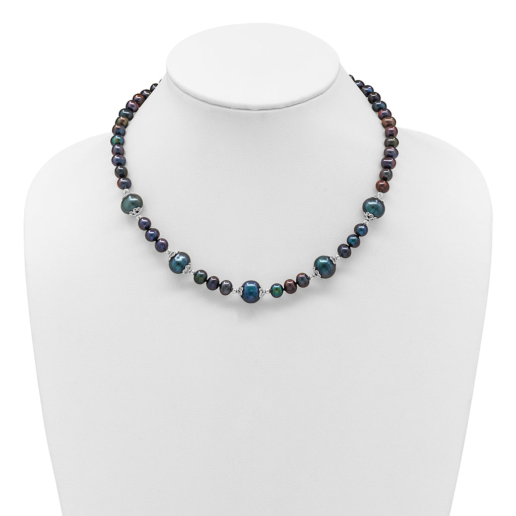 Sterling Silver Rhodium-plated 6-9mm Black Near Round Freshwater Cultured Pearl 5-station 18 inch Necklace