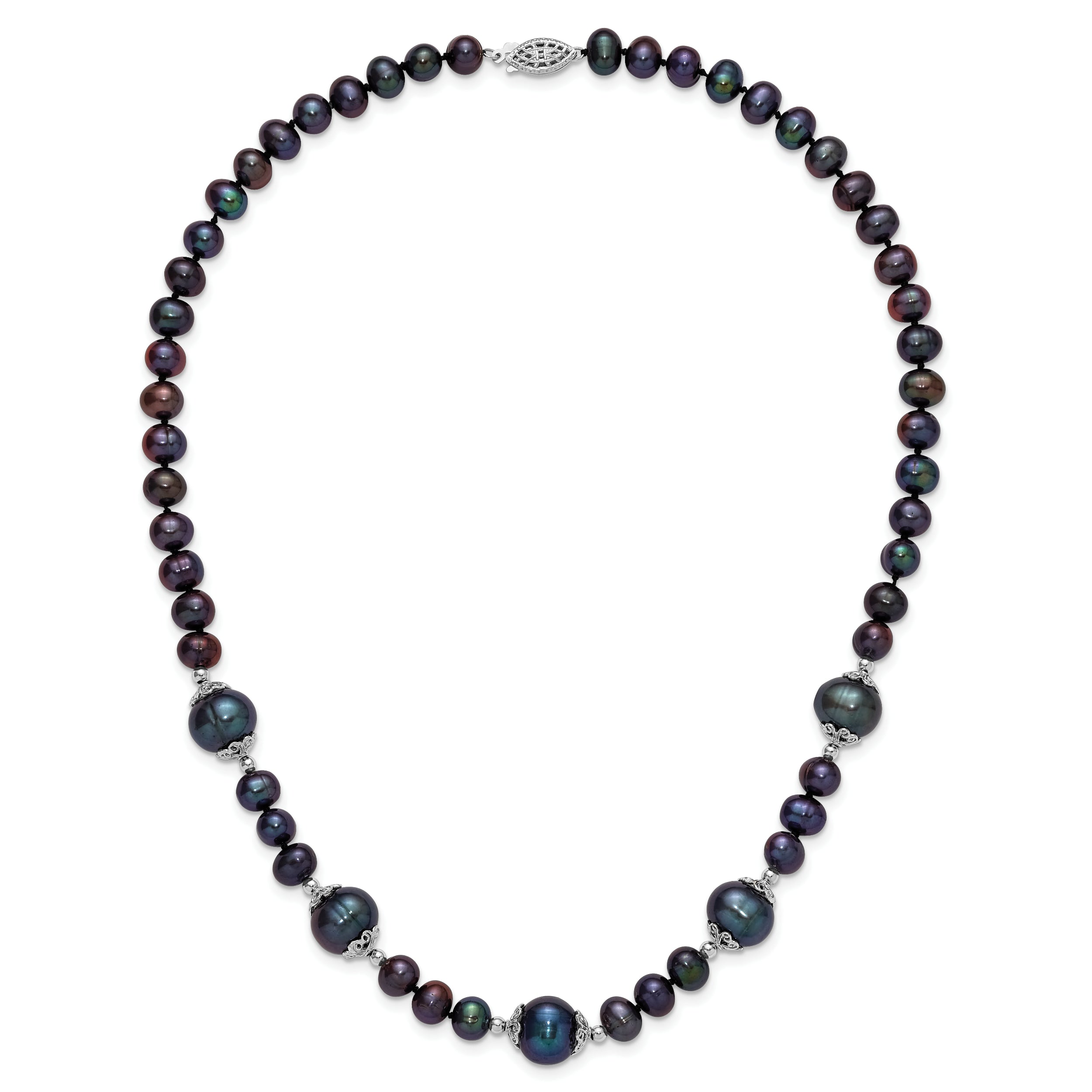 Sterling Silver Rhodium-plated 6-9mm Black Near Round Freshwater Cultured Pearl 5-station 18 inch Necklace