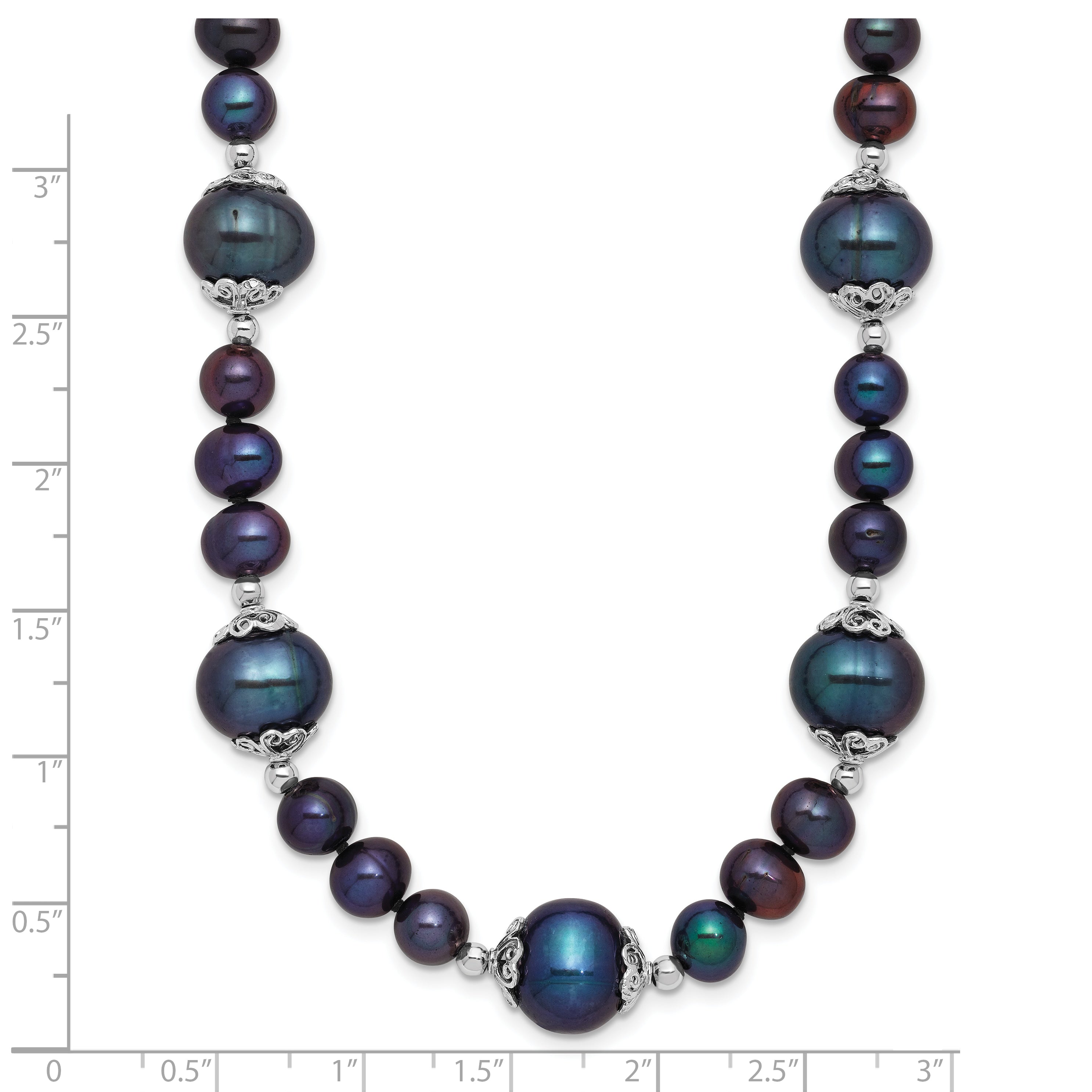Sterling Silver Rhodium-plated 6-9mm Black Near Round Freshwater Cultured Pearl 5-station 18 inch Necklace