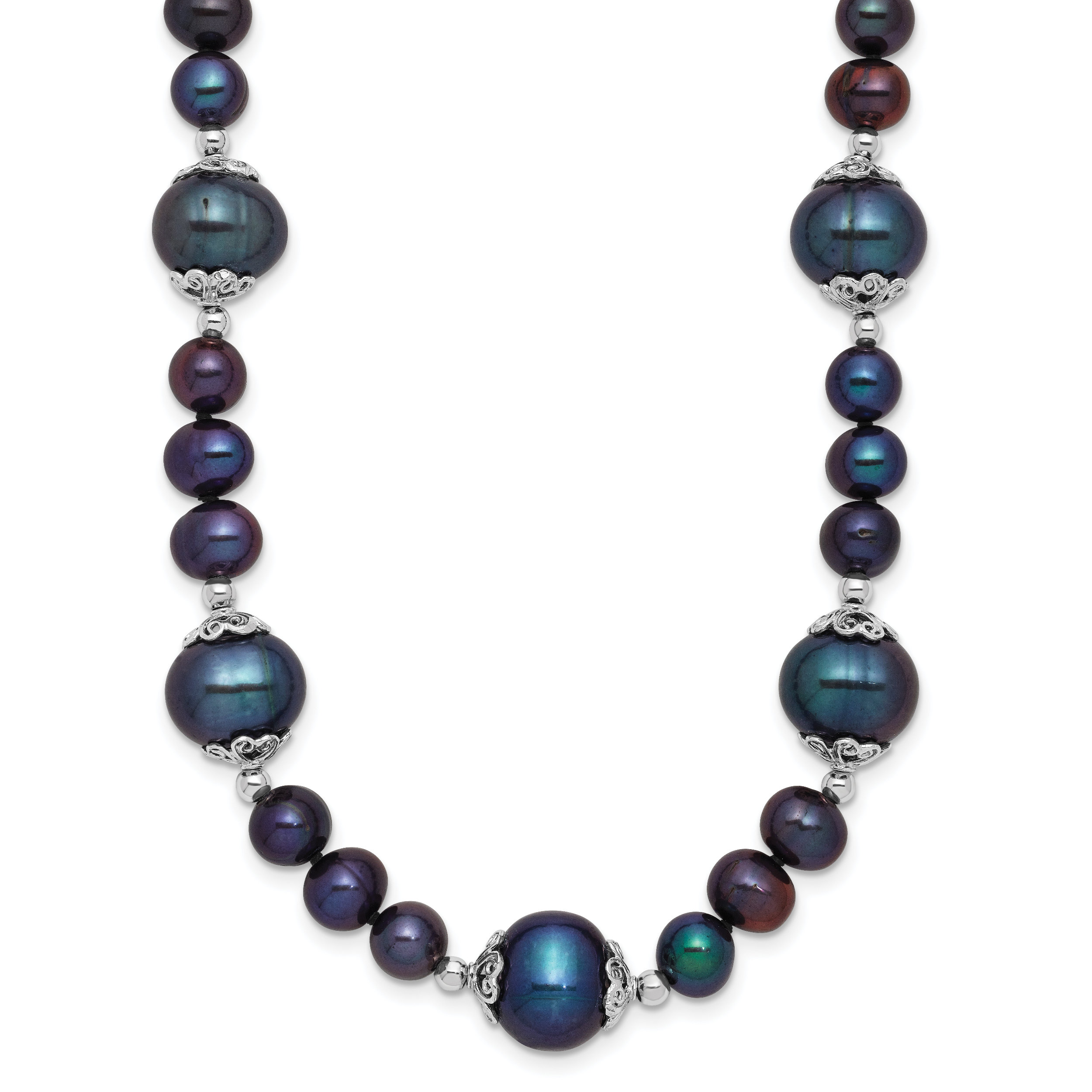 Sterling Silver Rhodium-plated 6-9mm Black Near Round Freshwater Cultured Pearl 5-station 18 inch Necklace Main image