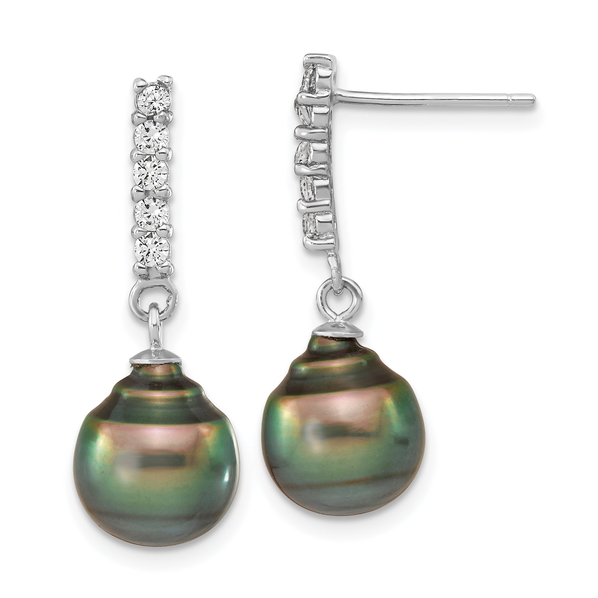 Sterling Silver Rhodium-plated 9-10mm Black Teardrop Tahitian Saltwater Pearl and CZ 17 inch Necklace and Post Dangle Earrings Set Secondary image