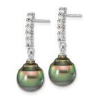 Sterling Silver Rhodium-plated 9-10mm Black Teardrop Tahitian Saltwater Pearl and CZ 17 inch Necklace and Post Dangle Earrings Set