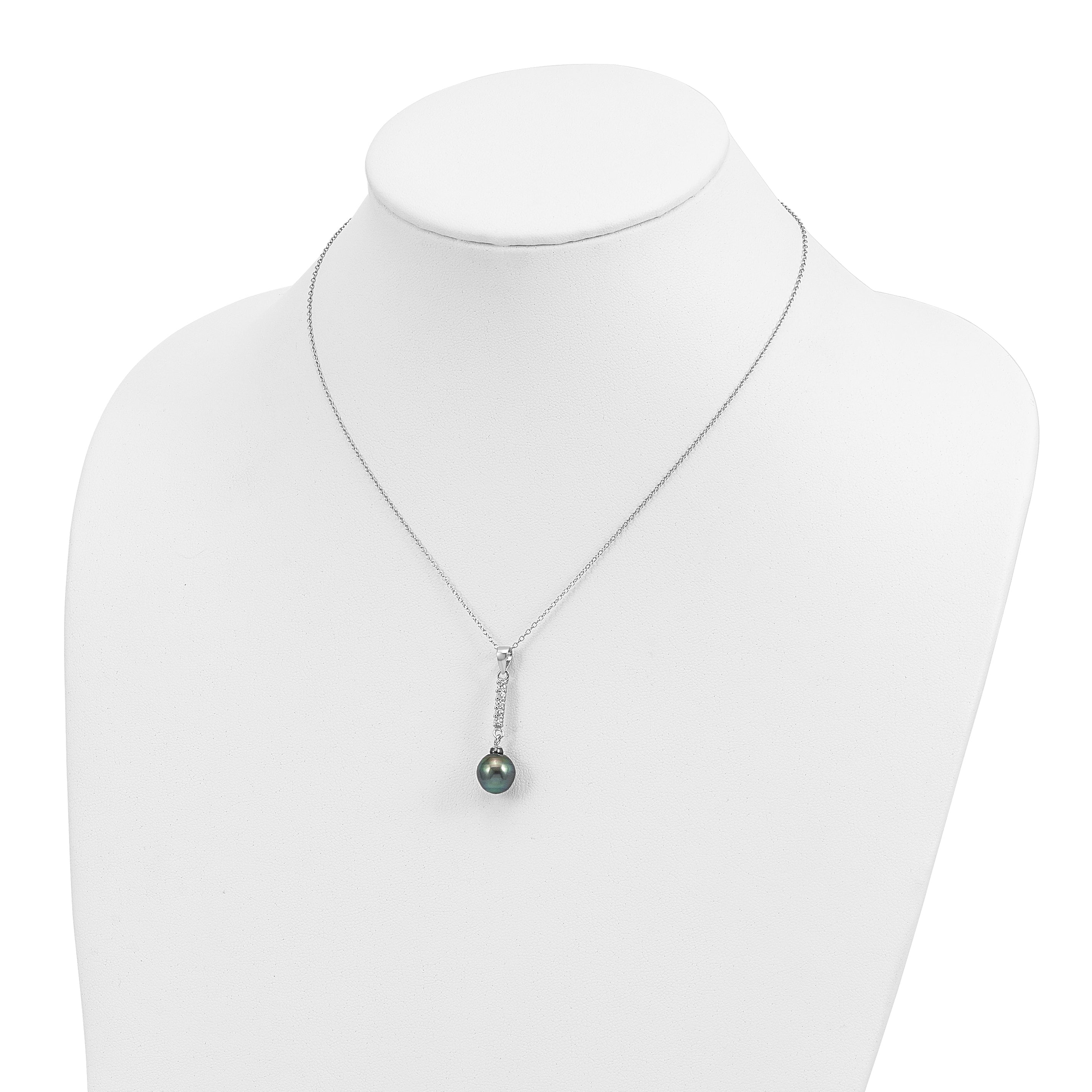 Sterling Silver Rhodium-plated 9-10mm Black Teardrop Tahitian Saltwater Pearl and CZ 17 inch Necklace and Post Dangle Earrings Set
