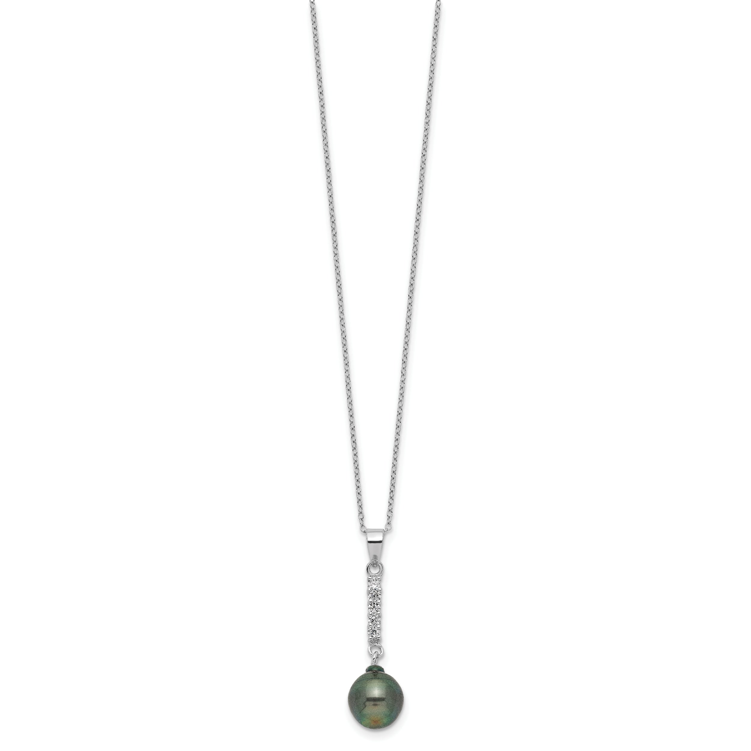 Sterling Silver Rhodium-plated 9-10mm Black Teardrop Tahitian Saltwater Pearl and CZ 17 inch Necklace and Post Dangle Earrings Set