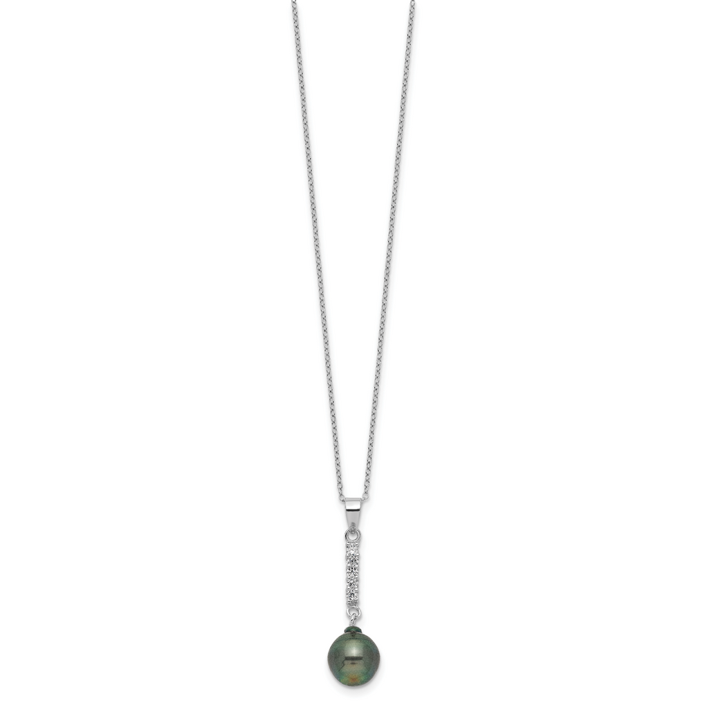 Sterling Silver Rhodium-plated 9-10mm Black Teardrop Tahitian Saltwater Pearl and CZ 17 inch Necklace and Post Dangle Earrings Set