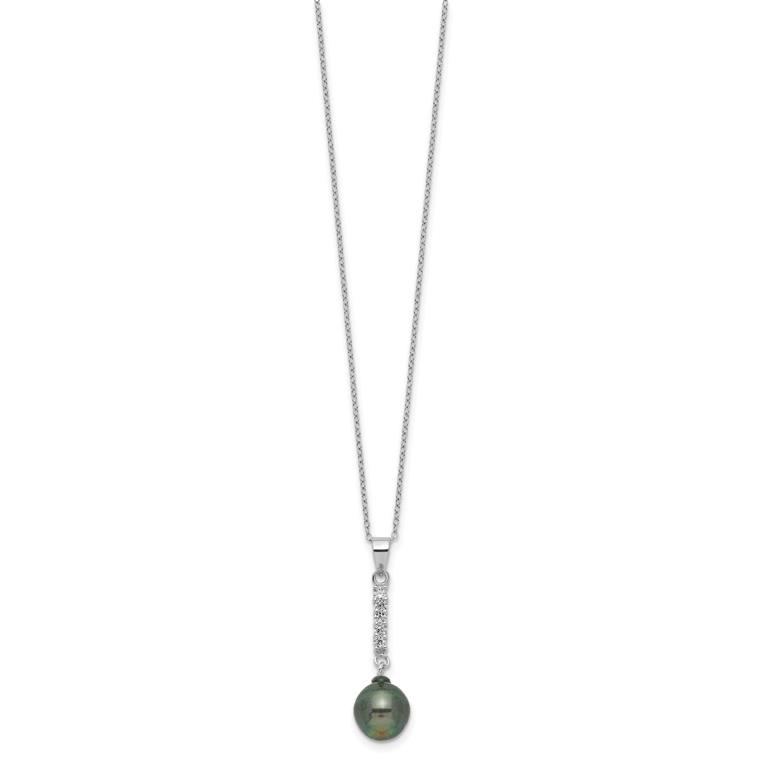 Sterling Silver Rhodium-plated 9-10mm Black Teardrop Tahitian Saltwater Pearl and CZ 17 inch Necklace and Post Dangle Earrings Set