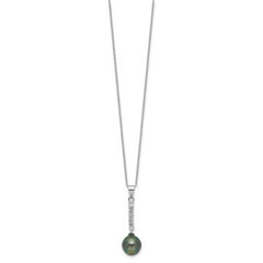 Sterling Silver Rhodium-plated 9-10mm Black Teardrop Tahitian Saltwater Pearl and CZ 17 inch Necklace and Post Dangle Earrings Set