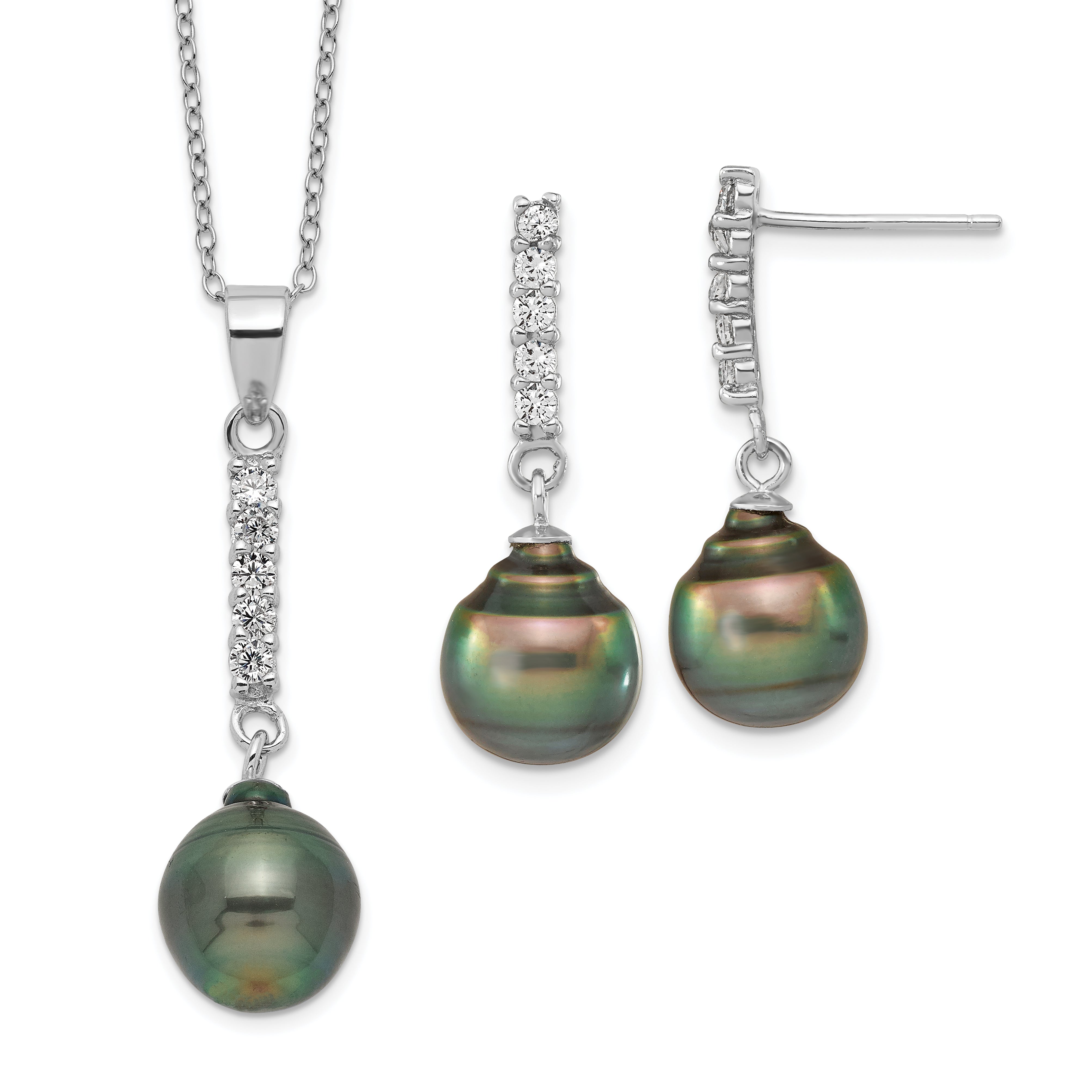 Sterling Silver Rhodium-plated 9-10mm Black Teardrop Tahitian Saltwater Pearl and CZ 17 inch Necklace and Post Dangle Earrings Set Main image