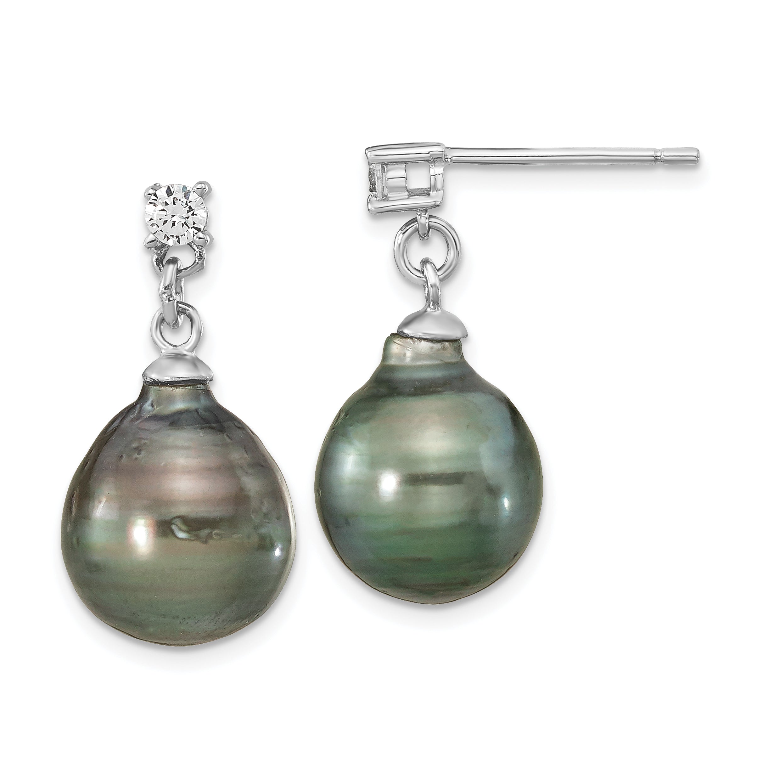 Sterling Silver Rhodium-plated 9-10mm Black Teardrop Tahitian Saltwater Cultured Pearl and CZ 17 inch Necklace and Post Dangle Earrings Set Secondary image