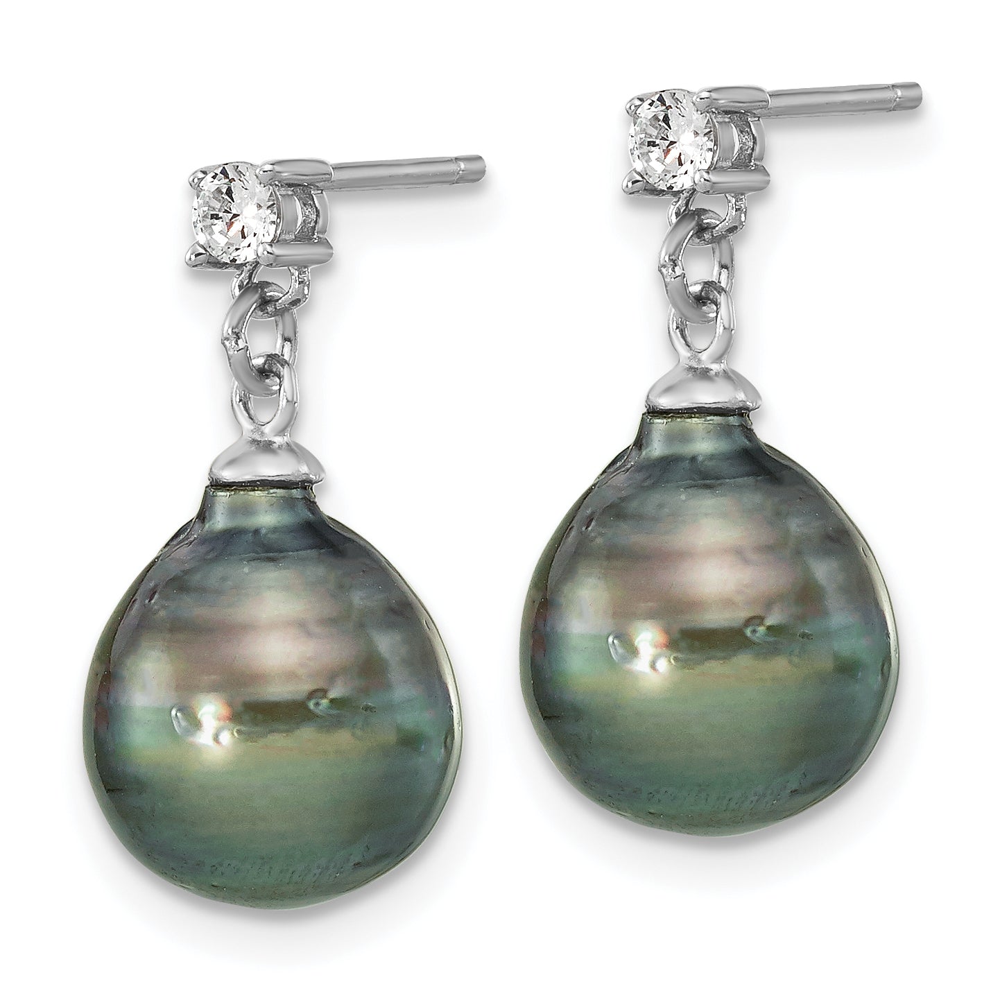 Sterling Silver Rhodium-plated 9-10mm Black Teardrop Tahitian Saltwater Cultured Pearl and CZ 17 inch Necklace and Post Dangle Earrings Set