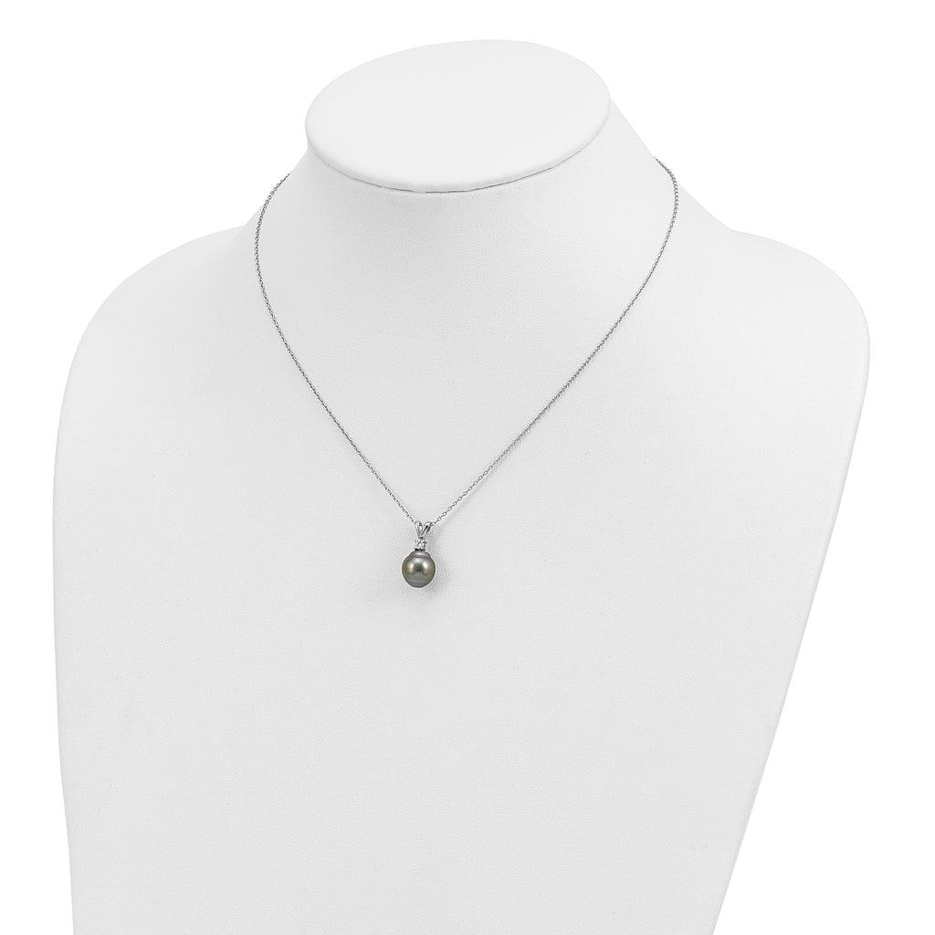 Sterling Silver Rhodium-plated 9-10mm Black Teardrop Tahitian Saltwater Cultured Pearl and CZ 17 inch Necklace and Post Dangle Earrings Set