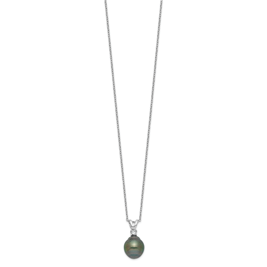 Sterling Silver Rhodium-plated 9-10mm Black Teardrop Tahitian Saltwater Cultured Pearl and CZ 17 inch Necklace and Post Dangle Earrings Set