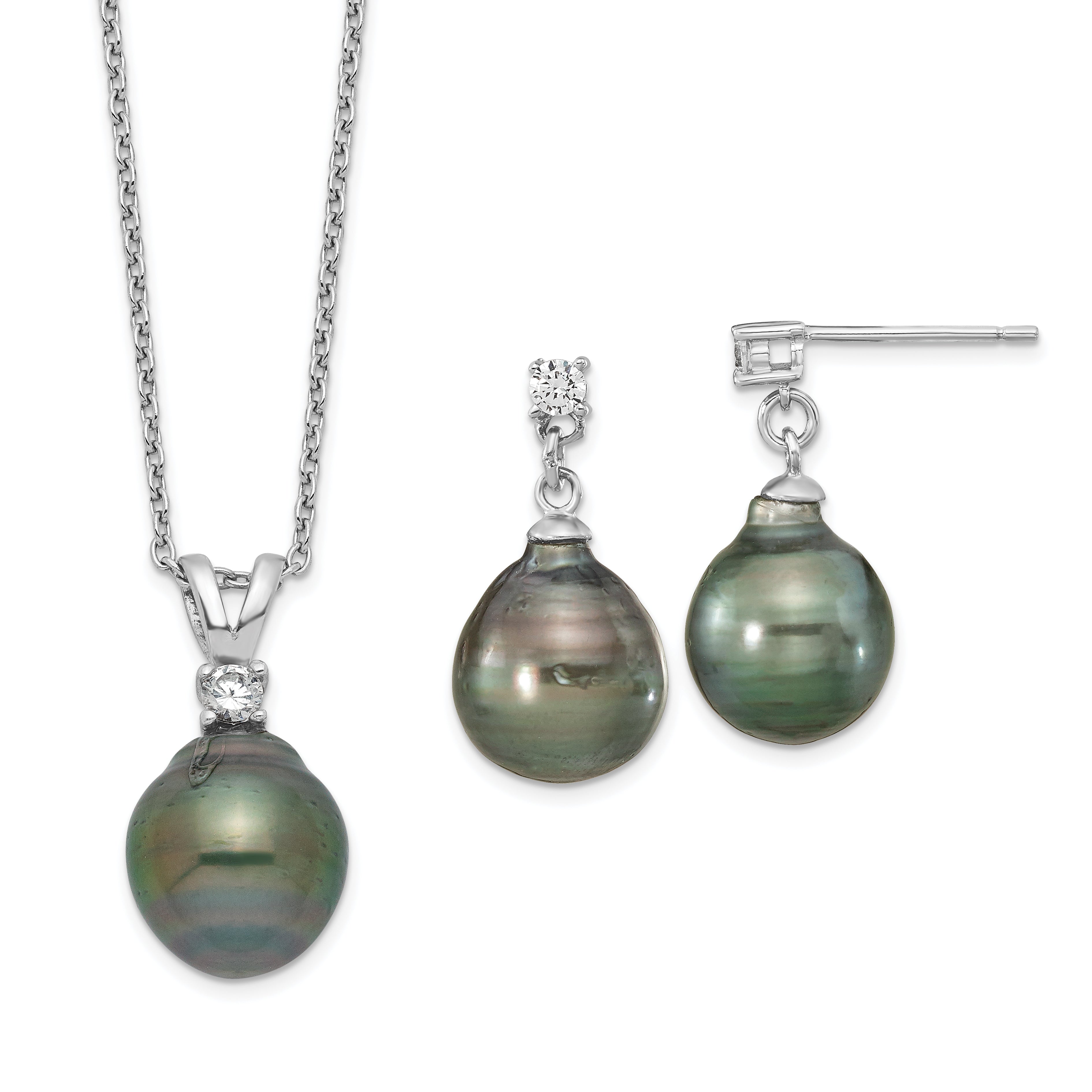 Sterling Silver Rhodium-plated 9-10mm Black Teardrop Tahitian Saltwater Cultured Pearl and CZ 17 inch Necklace and Post Dangle Earrings Set Main image