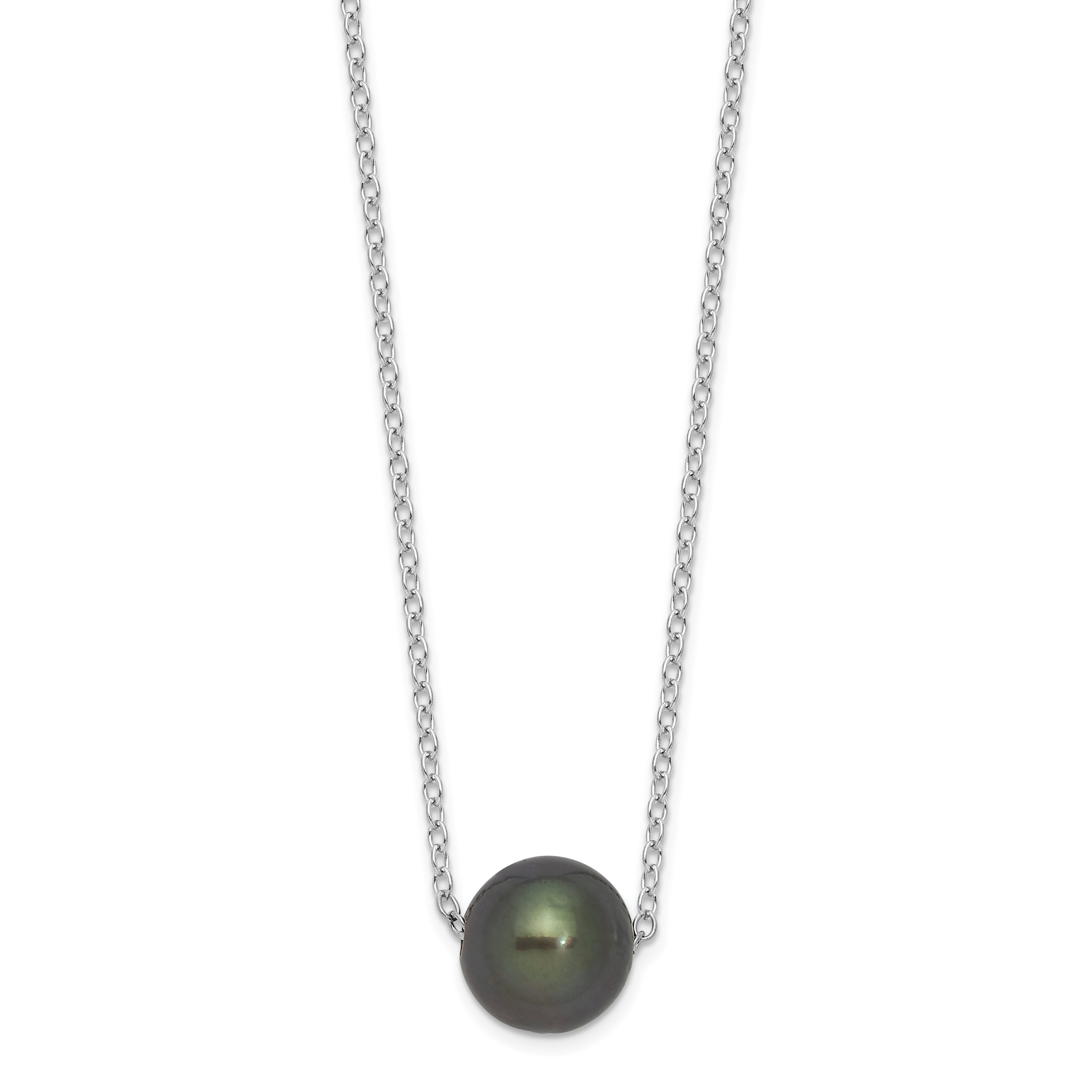 Sterling Silver Rhodium-Rhodium-Plated 8-9mm Black Semi-Round Tahitian Saltwater Cultured Pearl 17 inch Necklace Main image
