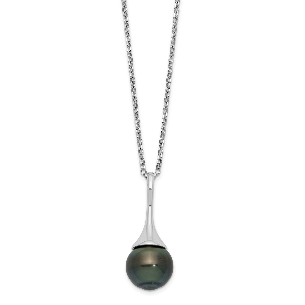 Sterling Silver Rhodium-Rhodium-Plated 9-10mm Black Teardrop Tahitian Saltwater Cultured Pearl 17 inch Necklace