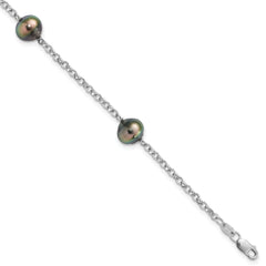 Sterling Silver Rhodium-Rhodium-Plated 8-9mm Black Baroque Tahitian Saltwater Cultured Pearl 3-Station 7.5 inch Bracelet