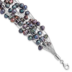 Sterling Silver Rhodium-Rhodium-Plated 6-7mm Black Semi-Round Freshwater Cultured Pearl Multi Strand 7.5 inch Bracelet