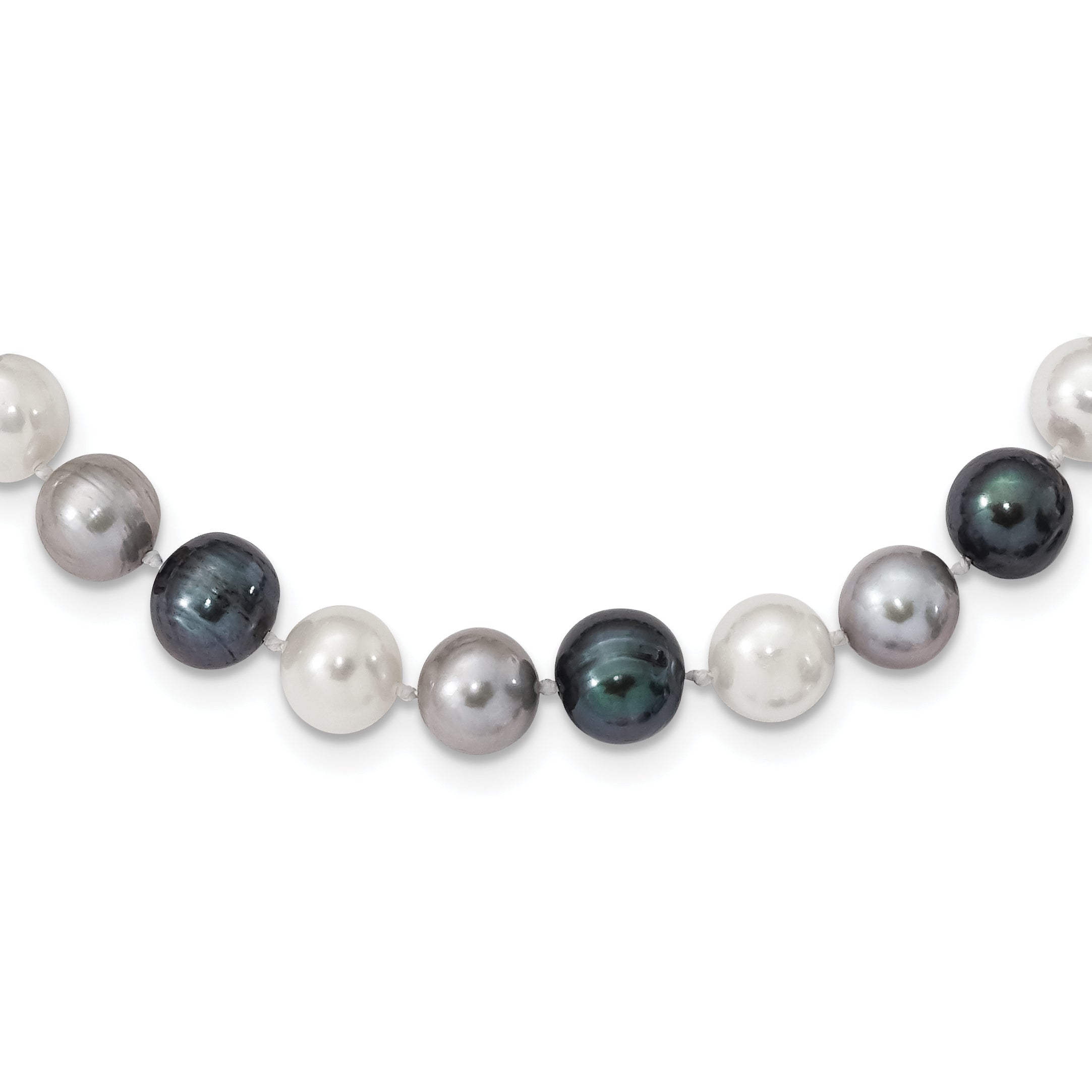 Sterling Silver Rhodium-Rhodium-Plated 8-9mm Black, Green and White Semi-Round Freshwater Cultured Pearl 18 inch Necklace