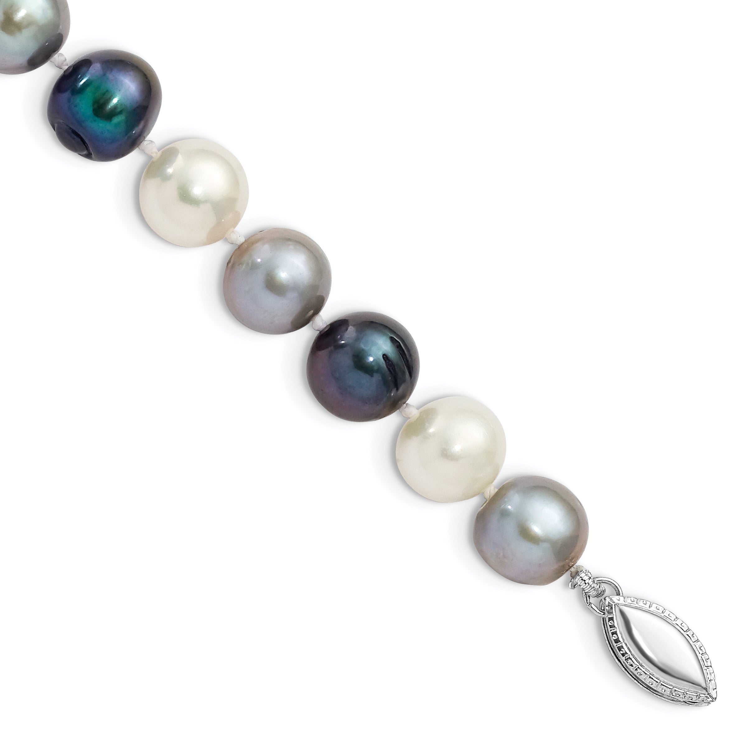 Sterling Silver Rhodium-Rhodium-Plated 8-9mm Black, Green and White Semi-Round Freshwater Cultured Pearl 7.5 inch Bracelet