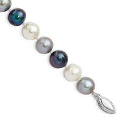 Sterling Silver Rhodium-Rhodium-Plated 8-9mm Black, Green and White Semi-Round Freshwater Cultured Pearl 7.5 inch Bracelet