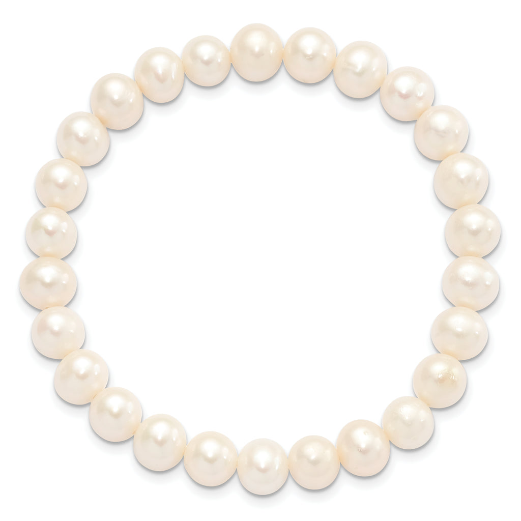 Sterling Silver Rhodium-plated 7-8mm White Near-Round Freshwater Cultured Pearl 18 inch Necklace, Stretch Bracelet and Button Post Earrings Set