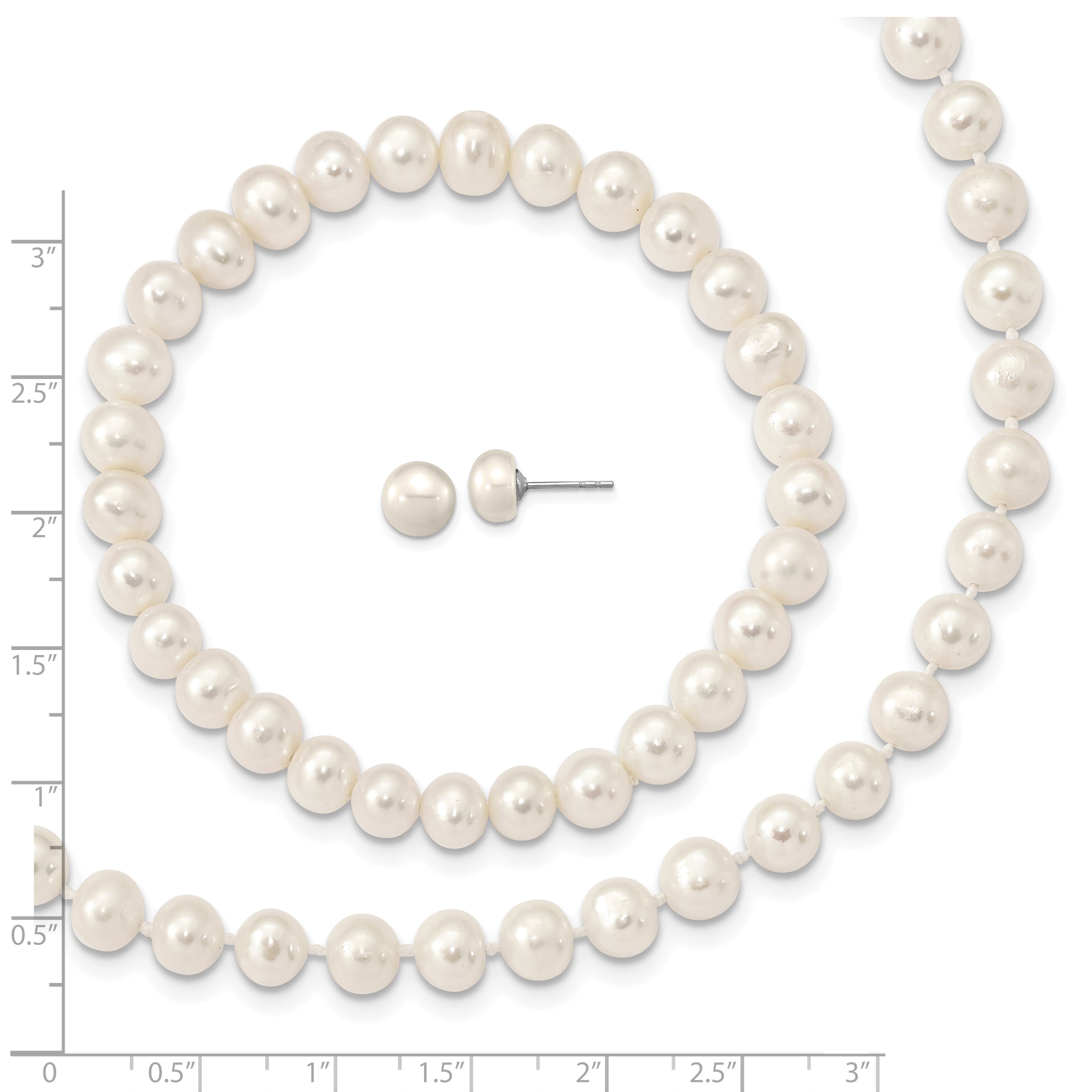 Sterling Silver Rhodium-plated 7-8mm White Near-Round Freshwater Cultured Pearl 18 inch Necklace, Stretch Bracelet and Button Post Earrings Set
