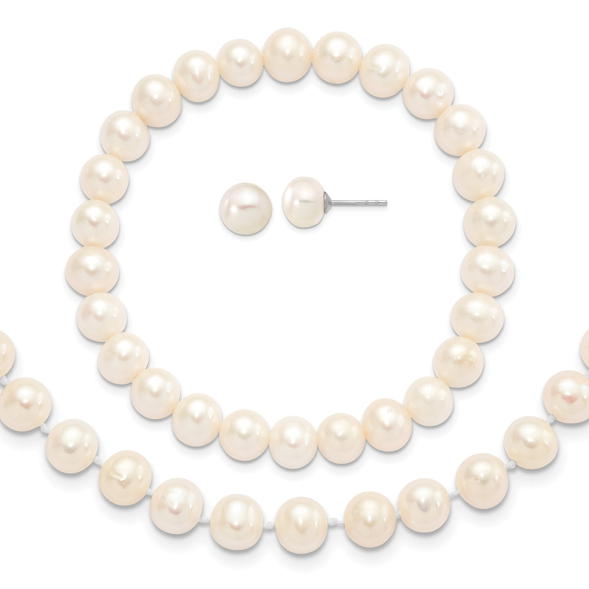 Sterling Silver Rhodium-plated 7-8mm White Near-Round Freshwater Cultured Pearl 18 inch Necklace, Stretch Bracelet and Button Post Earrings Set