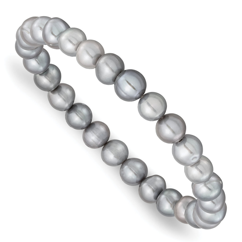 Sterling Silver Rhodium-plated 7-8mm Grey Near-Round Freshwater Cultured Pearl 18 inch Necklace, Stretch Bracelet and Button Post Earrings Set